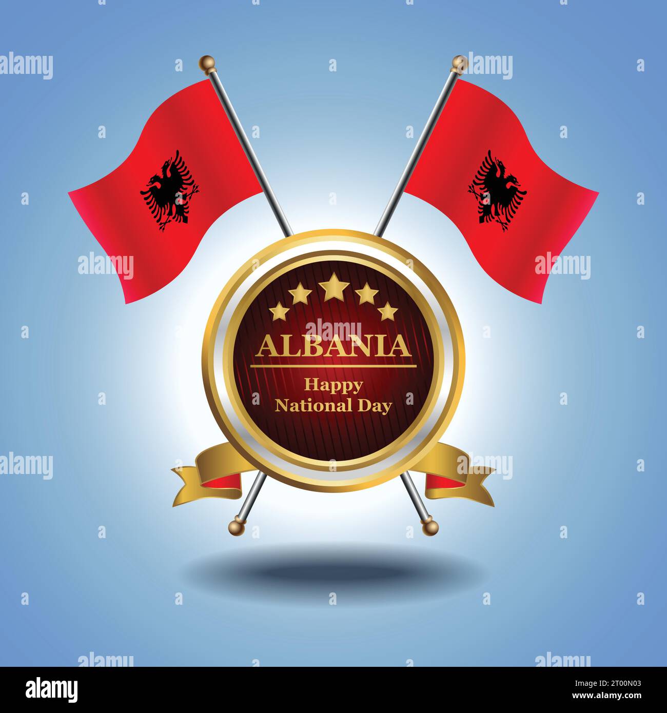 Piccola bandiera nazionale dell'Albania su Circle con sfondo blu garadasi Illustrazione Vettoriale