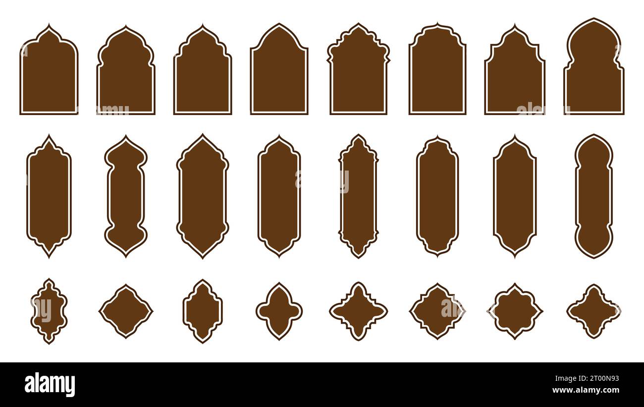 Finestre e porte di forma islamica. Serie vettoriale isolata di archi e porte della moschea araba. Elementi architettonici eleganti, icone per le vacanze musulmane Ramadan Kareem e Eid Mubarak. Telai portali marrone Illustrazione Vettoriale