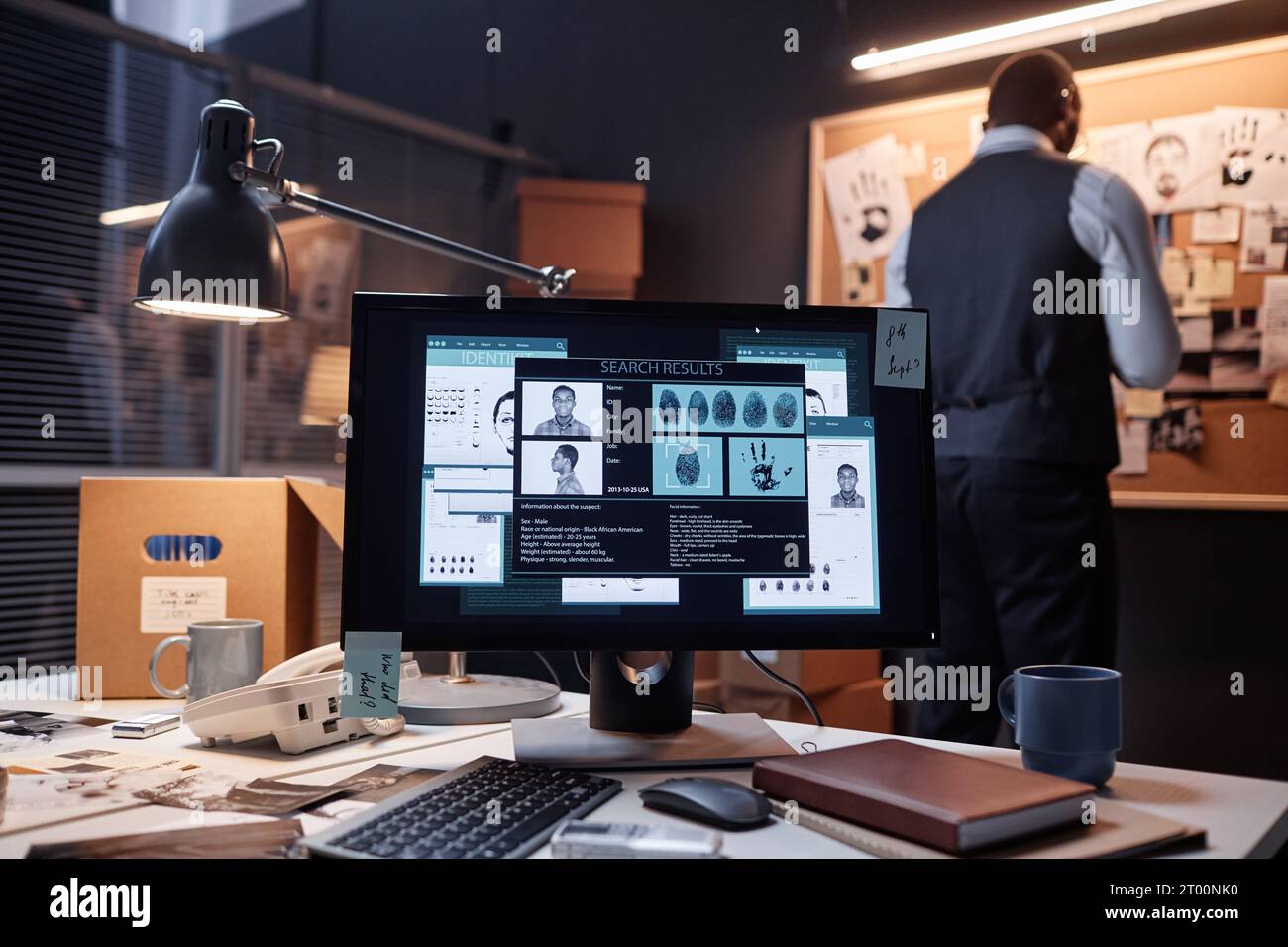 Immagine di sfondo del computer con il file del caso sullo schermo nell'ufficio dei detective, spazio copia Foto Stock