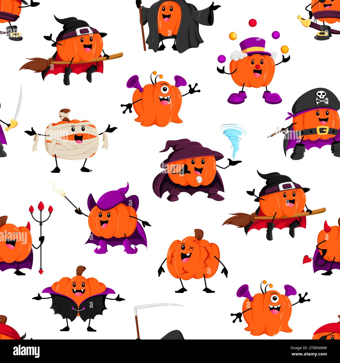 Schema dei personaggi della zucca di Halloween. Sfondo vettoriale senza cuciture con adorabili personaggi della zucca che indossano costumi spaventosi di strega, vampiro, mummia e clown, alieni, pirati o demoni e mietitore Illustrazione Vettoriale