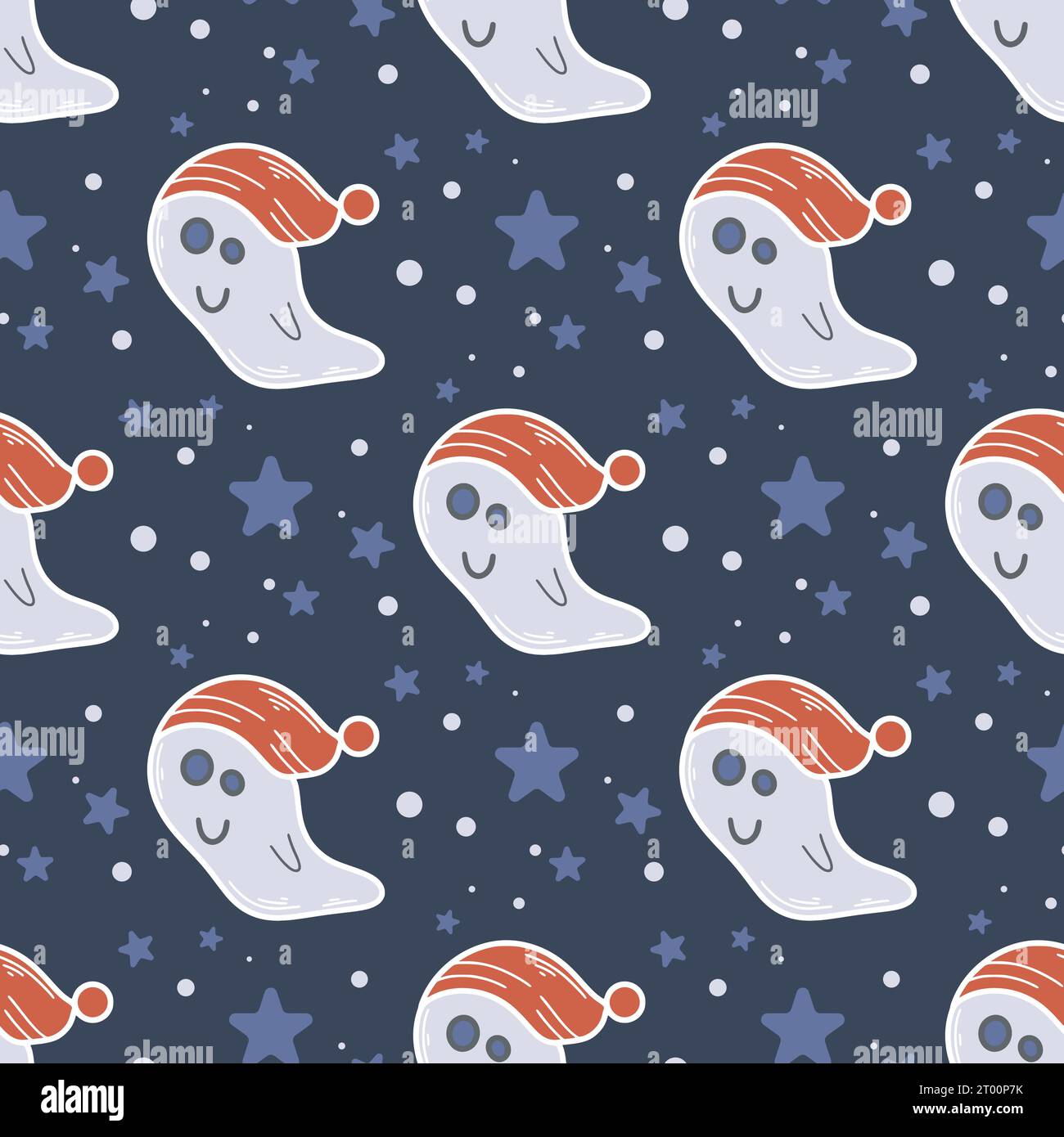 Simpatici fantasmi senza cuciture. Sfondo di Halloween con personaggi divertenti. Stampa bambino con alcol e stelle per tessuti, carta, imballaggi, carta da parati Illustrazione Vettoriale