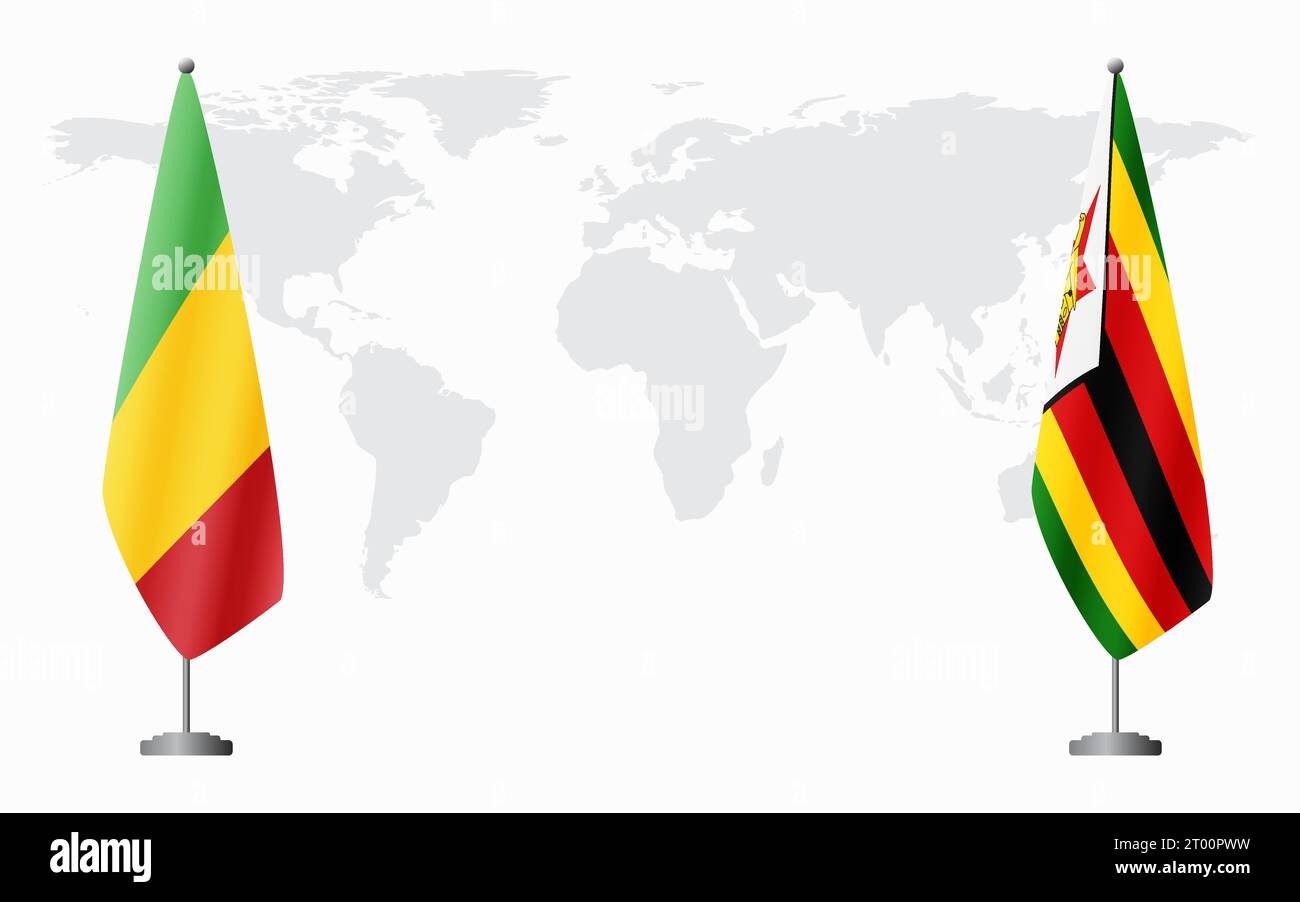 Bandiere del Mali e dello Zimbabwe per un incontro ufficiale sullo sfondo della mappa mondiale. Illustrazione Vettoriale