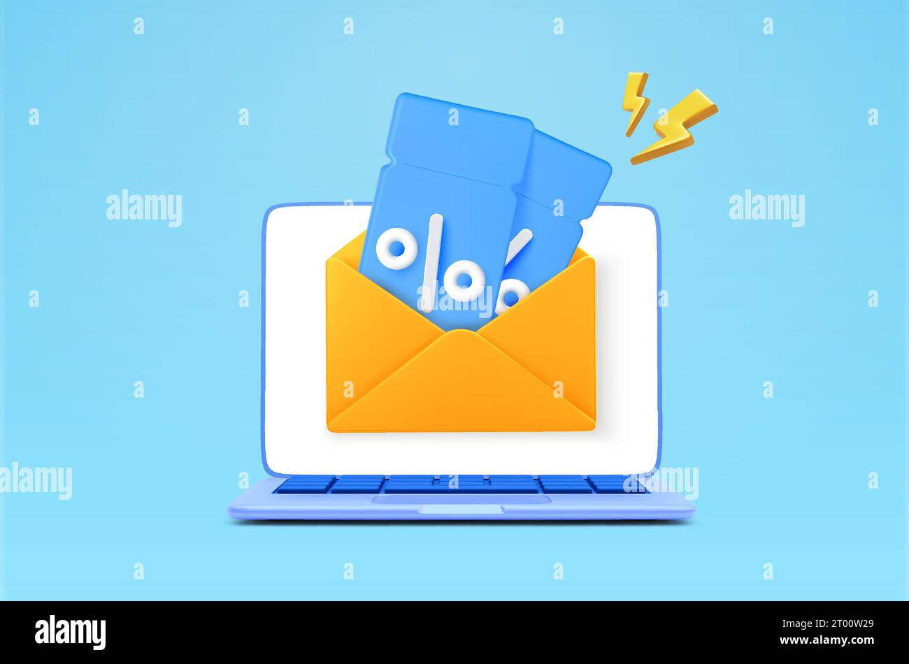 Modello banner promozionale per servizi di marketing via e-mail con buoni sconto e voucher. icona a forma di busta con rendering 3d con coupon, laptop isolato sullo sfondo. illustrazione vettoriale 3d. Illustrazione vettoriale Illustrazione Vettoriale