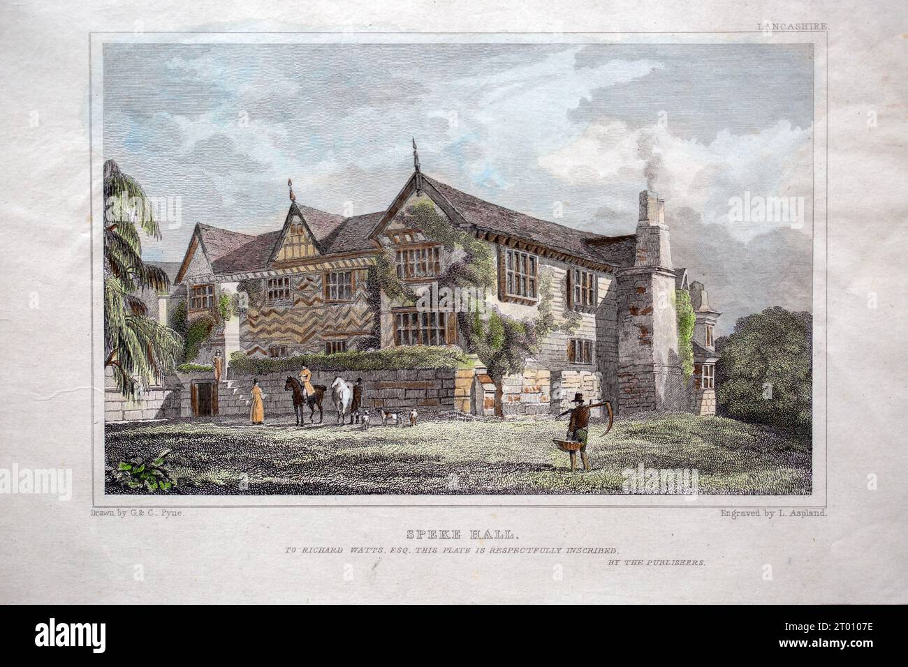 Incisione ottocentesca di Speke Hall, Lancashire, Inghilterra incisa da L Ashland, Foto Stock