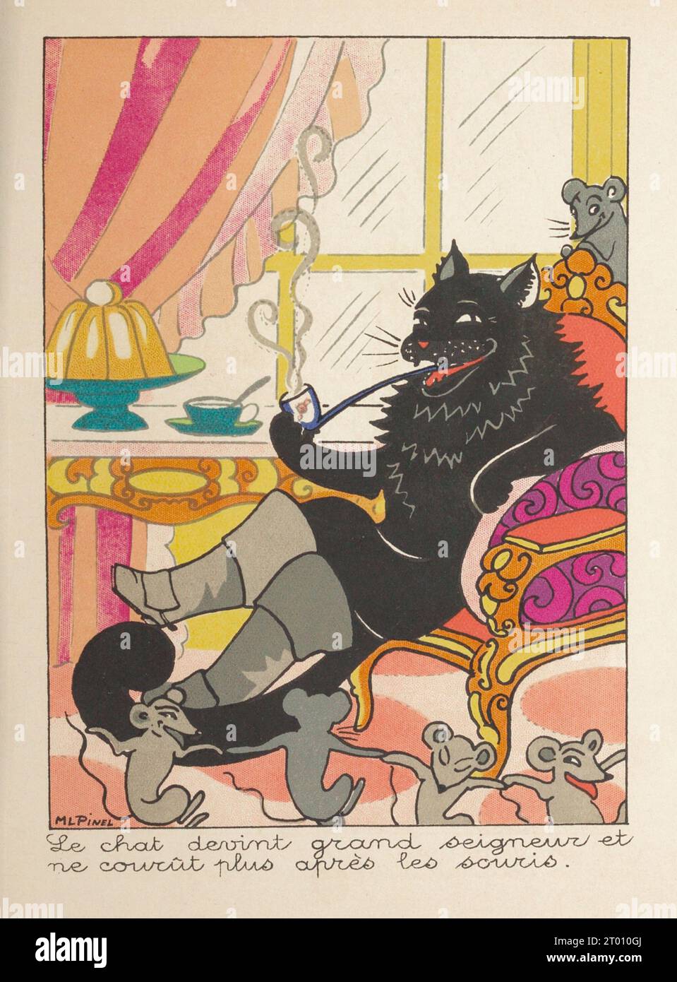 Il gatto divenne un grande signore e smise di inseguire i topi. Illustrazione pubblicata nel libro "le chat botté" di Marie-Louise Pinel, pubblicato da Bourgeois Ainé nel 1890. Foto Stock