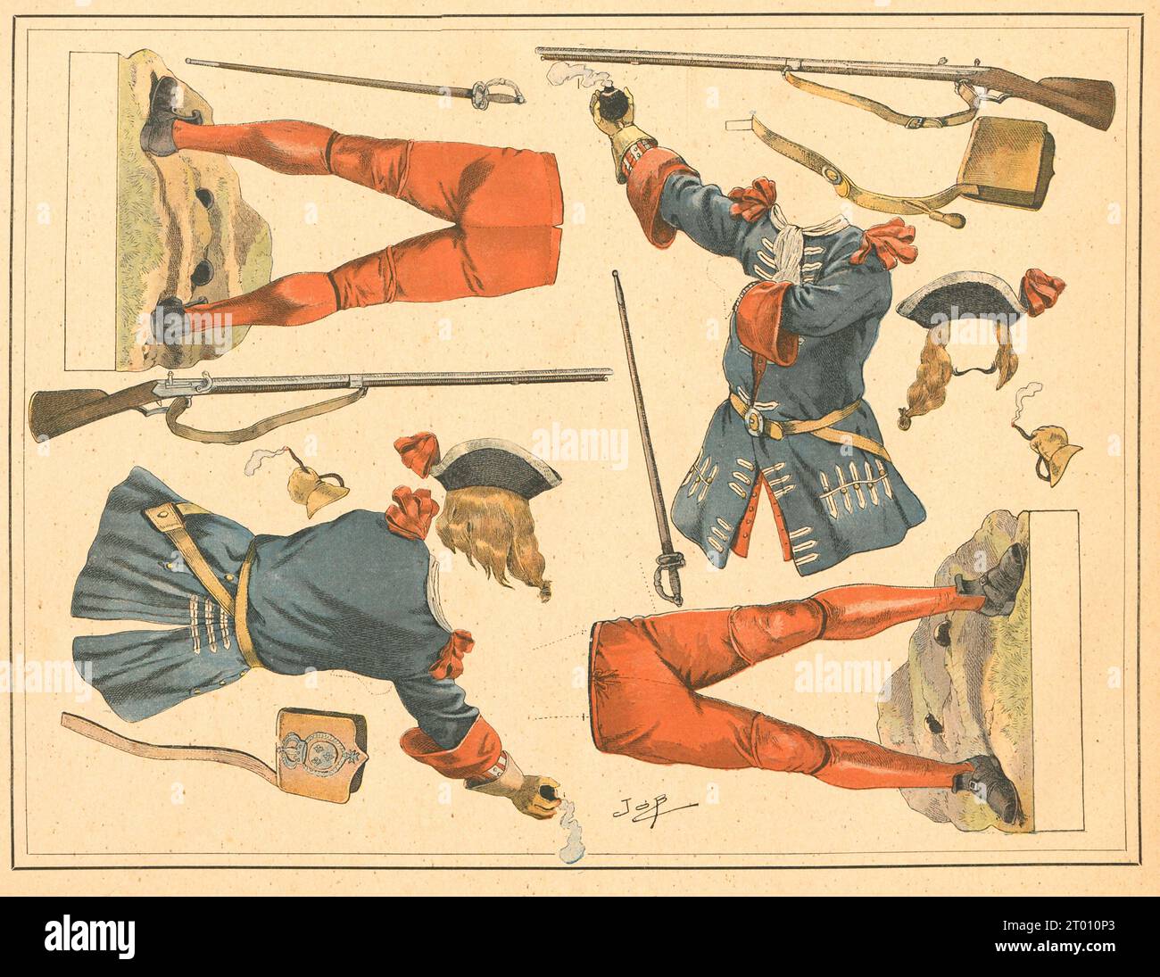 Uniforme granatiere delle Gardes-Francais sotto Luigi XIV illustrazione di Job pubblicata su Guerriers et grands seigneurs: série de découpages, di Aristide Fabre. Pubblicato da Hachette nel 1905. Foto Stock