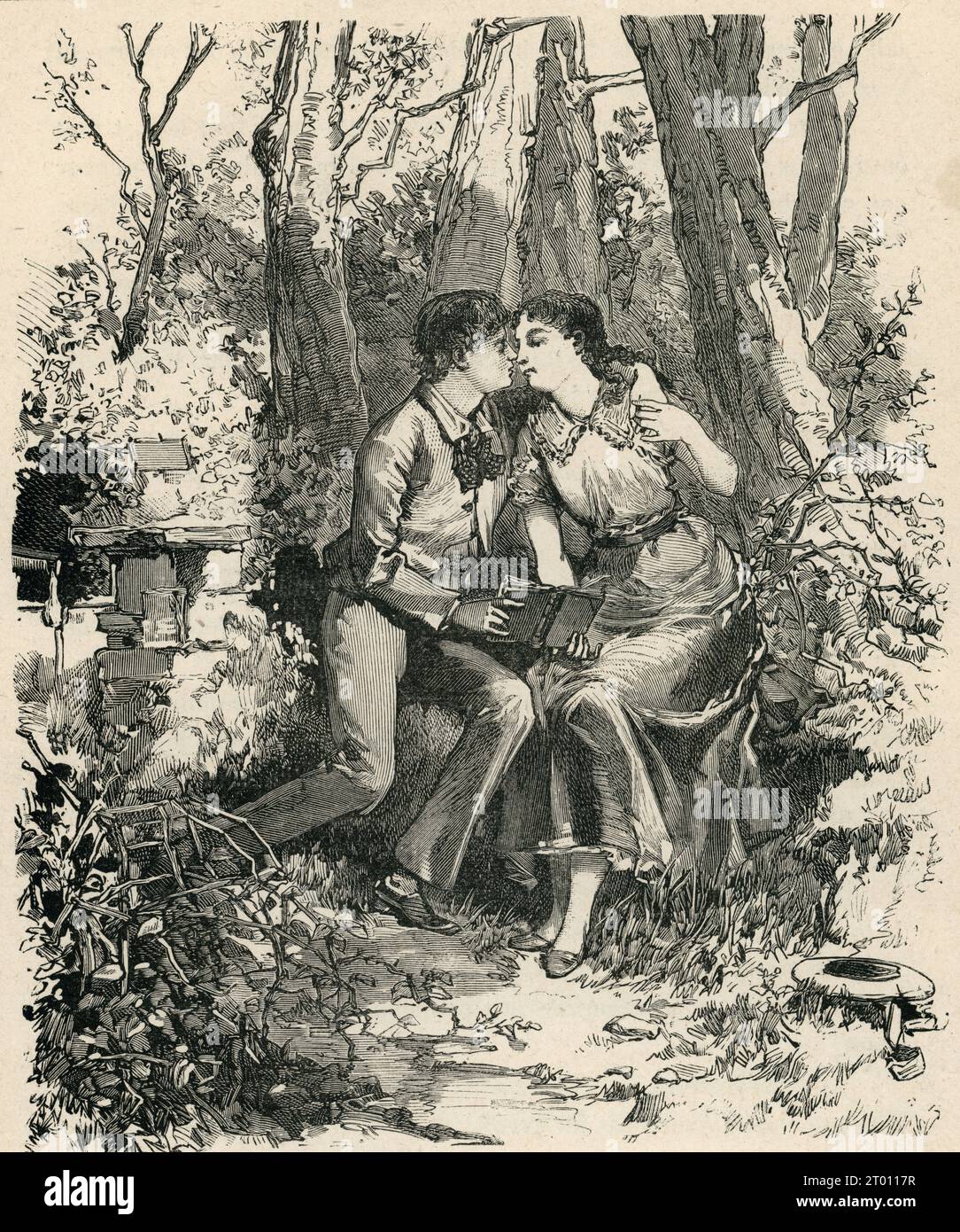 Capitolo XXXIII. Il primo bacio. Illustratore: E. Zier. Illustrazione tratta da "le Dernier Jour d'un condamné" ("l'ultimo giorno di un uomo condannato", scritto nel 1829) e parte di una serie di incisioni pubblicate in "oeuvres" di Victor Hugo. Preceduto da "Napoleon le Petit" e seguito da "Claude Gueux". Libro pubblicato in francese da Eugène Hugues nel 1879. Foto Stock