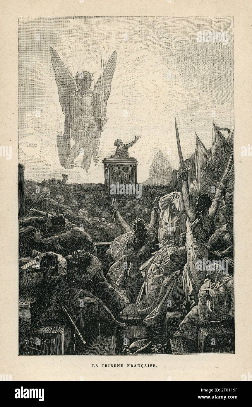 Libro V, capitolo IV Il Tribune francese. Illustratore: Francois-Nicolas Chifflart. Illustrazione da "Napoléon le Petit" (scritto nel 1852) e parte di una serie di incisioni pubblicate in "oeuvres" di Victor Hugo. Seguito da "le Dernier Jour d'un condamné" (l'ultimo giorno di un condannato) e "Claude Gueux". Libro pubblicato in francese da Eugène Hugues nel 1879. Foto Stock