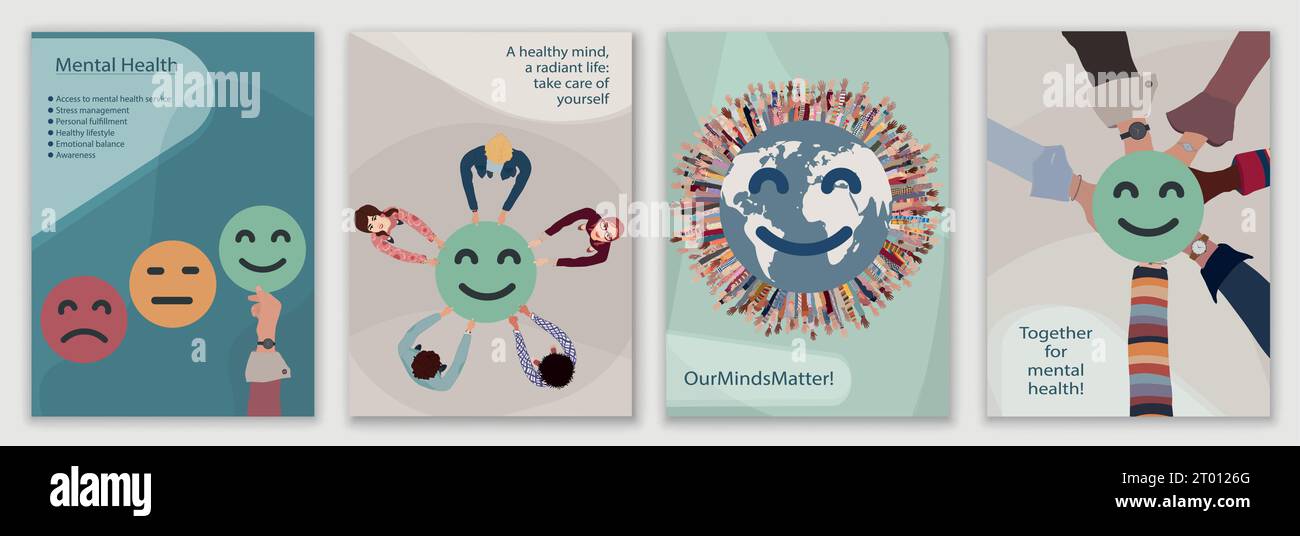 Modello di brochure sulla salute mentale. Campagna giornata mondiale della salute mentale. Intestazione copertina opuscolo. Esaurimento emotivo. OurMindsMatter. Poster per psichiatria Illustrazione Vettoriale