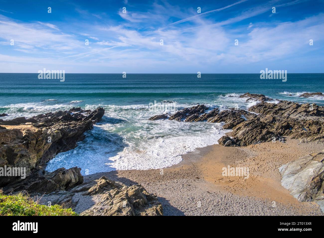 Marea entrante a Little Fistral a Newquay in Cornovaglia in Inghilterra nel Regno Unito. Foto Stock