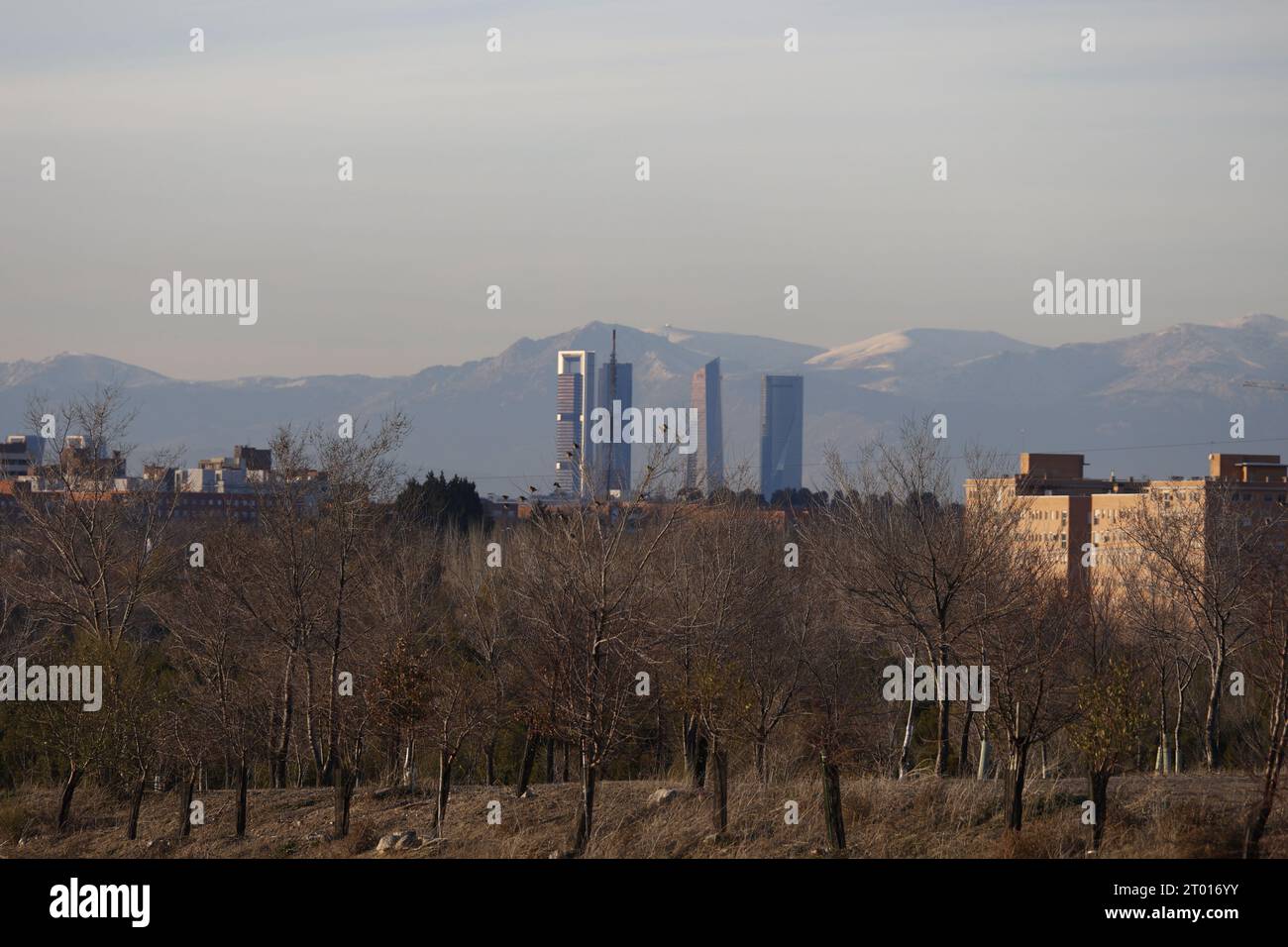 Cinque torri di Madrid, affacciate su un lontano sfondo di montagna contro il cielo. Foto Stock