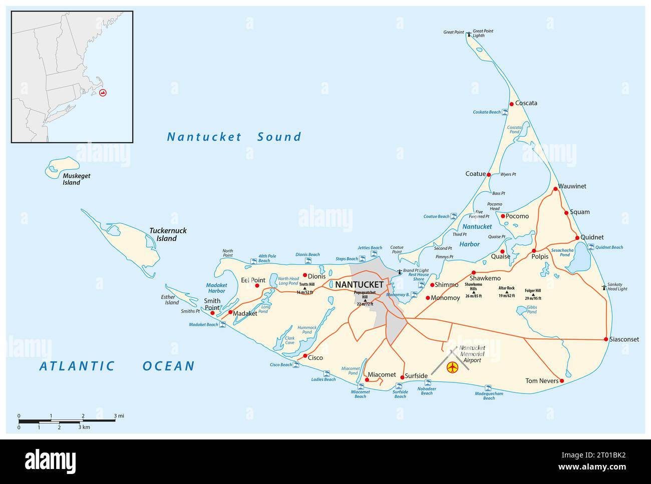Mappa di Nantucket Island negli Stati Uniti Stato del Massachusetts Foto Stock