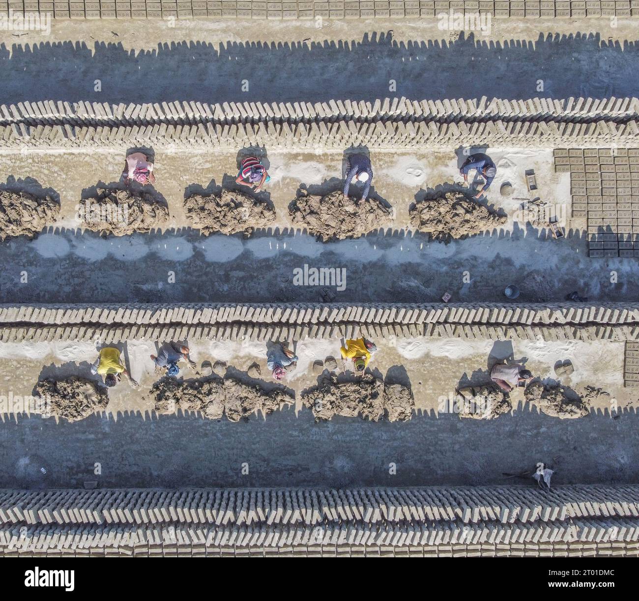 I lavoratori sono circondati da milioni di mattoni appena creati in una fabbrica. La sbalorditiva quantità di mattoni era in lunghe file che si estendono a perdita d'occhio nella fabbrica in Bangladesh. Le fotografie aeree mostrano i lavoratori che smistano i mattoni grigi prima di essere portati in forni per essere finiti. I lavoratori che spingono carrelli carichi pesanti attraverso file di migliaia di mattoni lasciarono l'essiccazione. Ogni mattone di argilla da 2 kg viene lasciato asciugare al sole per tre giorni prima di essere cotto in forno. (Foto di Mustasinur Rahman Alvi/Sipa USA) Foto Stock