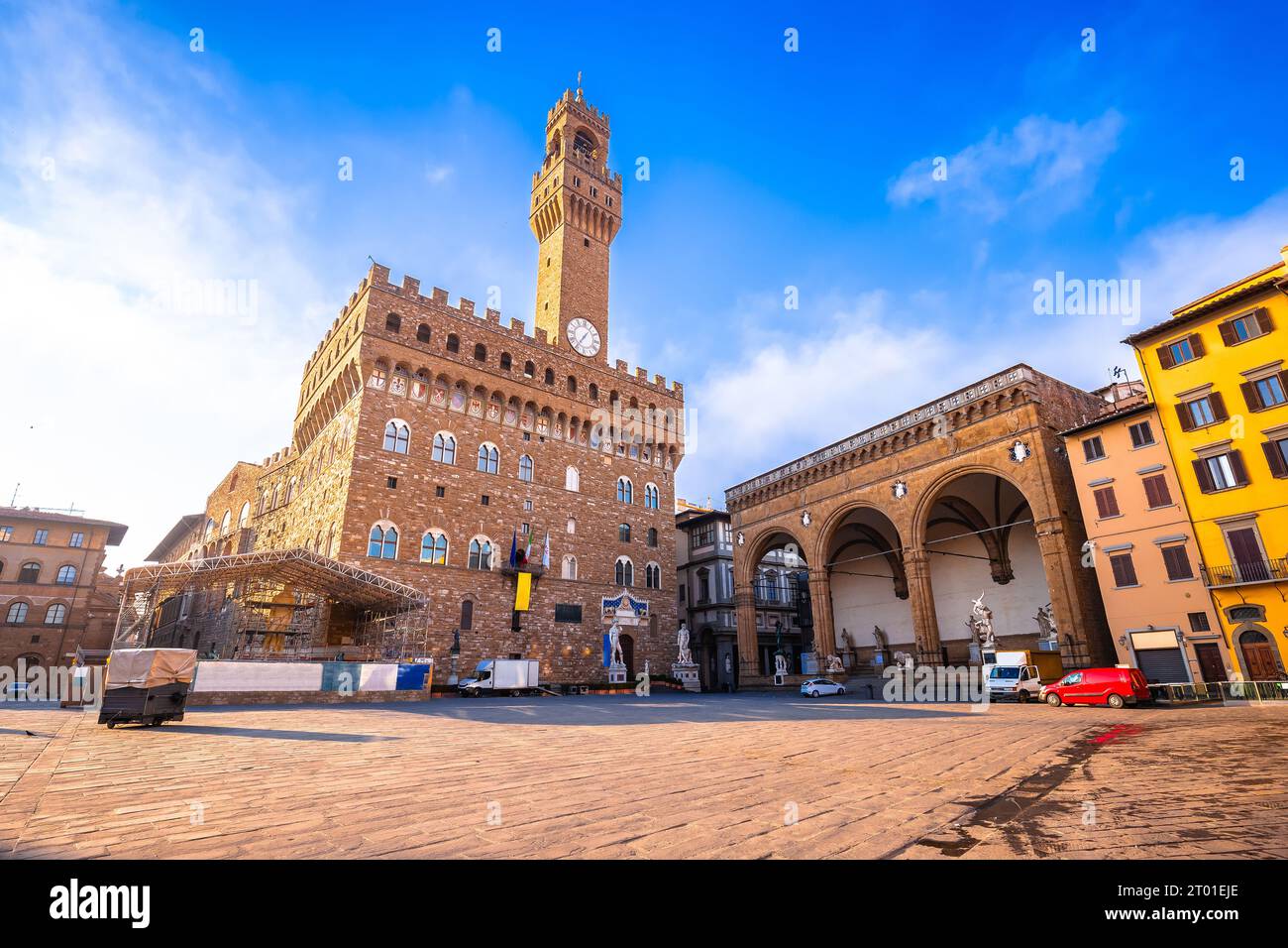 Piazza della Signoria a Firenze Piazza e Palazzo Vecchio vista, Regione Toscana Italia Foto Stock
