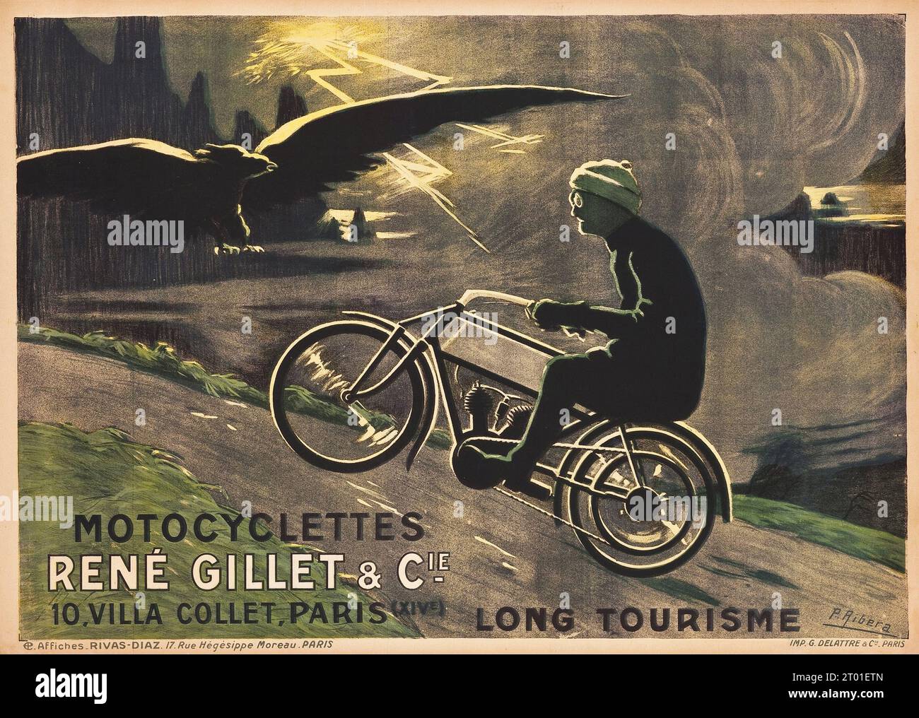 Poster motociclistico Francia - Motocyclettes Rene Gillet & Cie.. Long tourisme. (Circa 1920). Poster pubblicitario francese - uomo in moto. Foto Stock