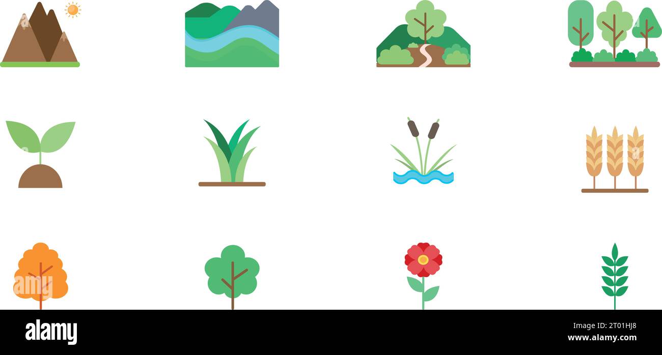 Icone della natura in stile piatto. Confezione di icone luminose di piante e paesaggi. Illustrazione vettoriale Illustrazione Vettoriale