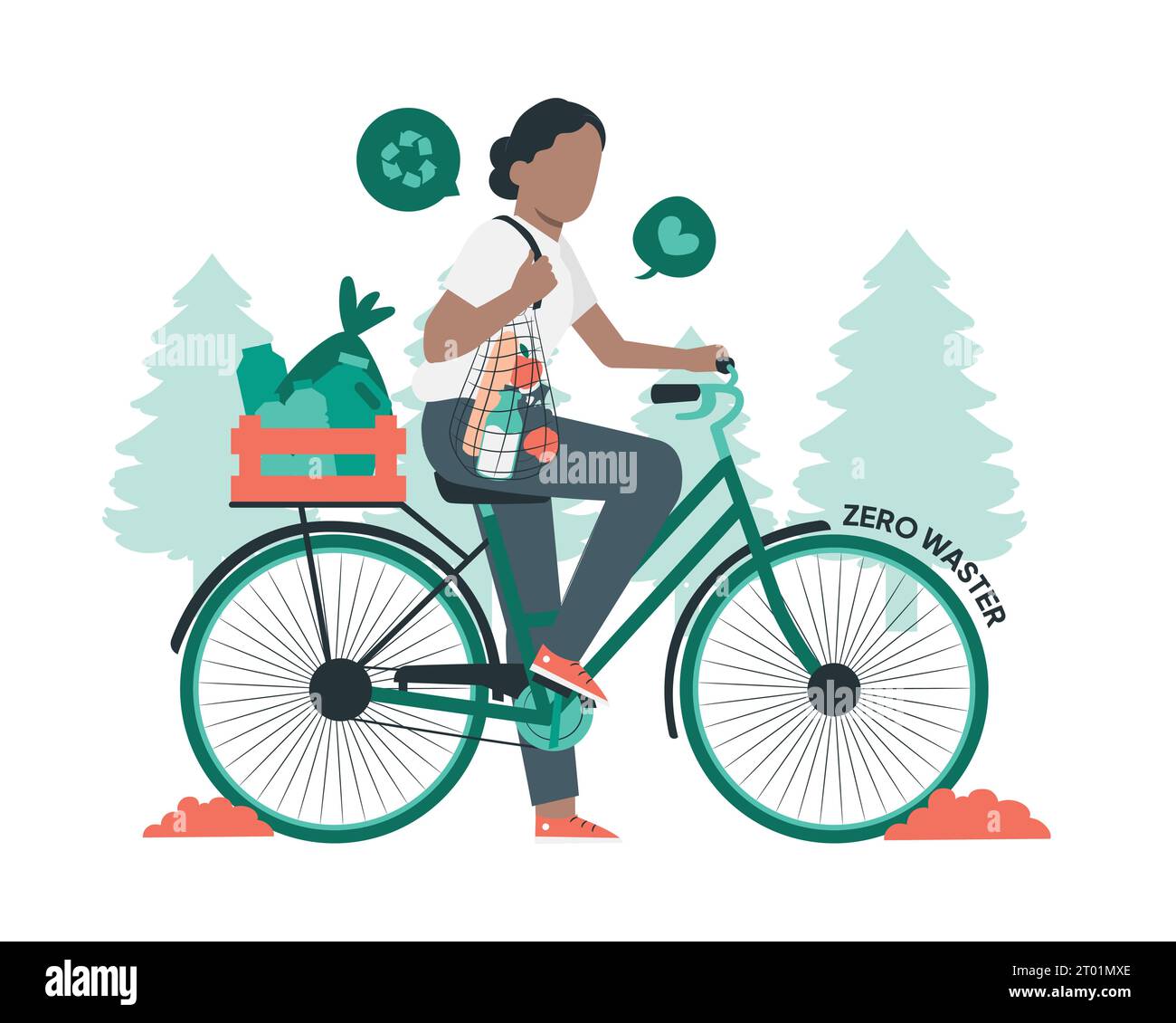 Un uomo guida in bicicletta e carie riciclabili per pratiche di sostenibilità e pratiche rispettose dell'ambiente disegno concettuale illustrazione vettoriale Illustrazione Vettoriale