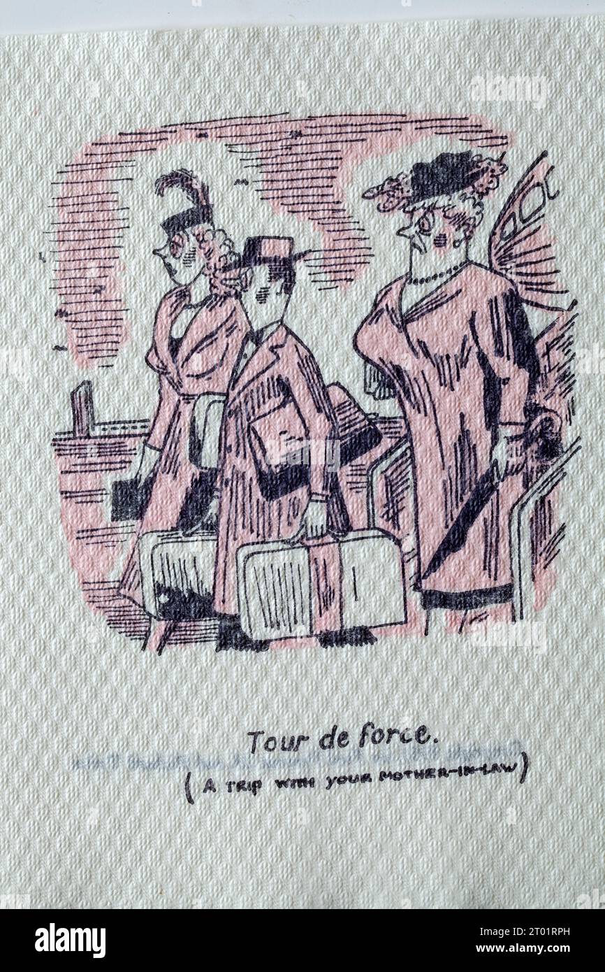 Tovagliolo di cartone degli anni '1950 - scherzo in lingua francese - Tour De Force Foto Stock