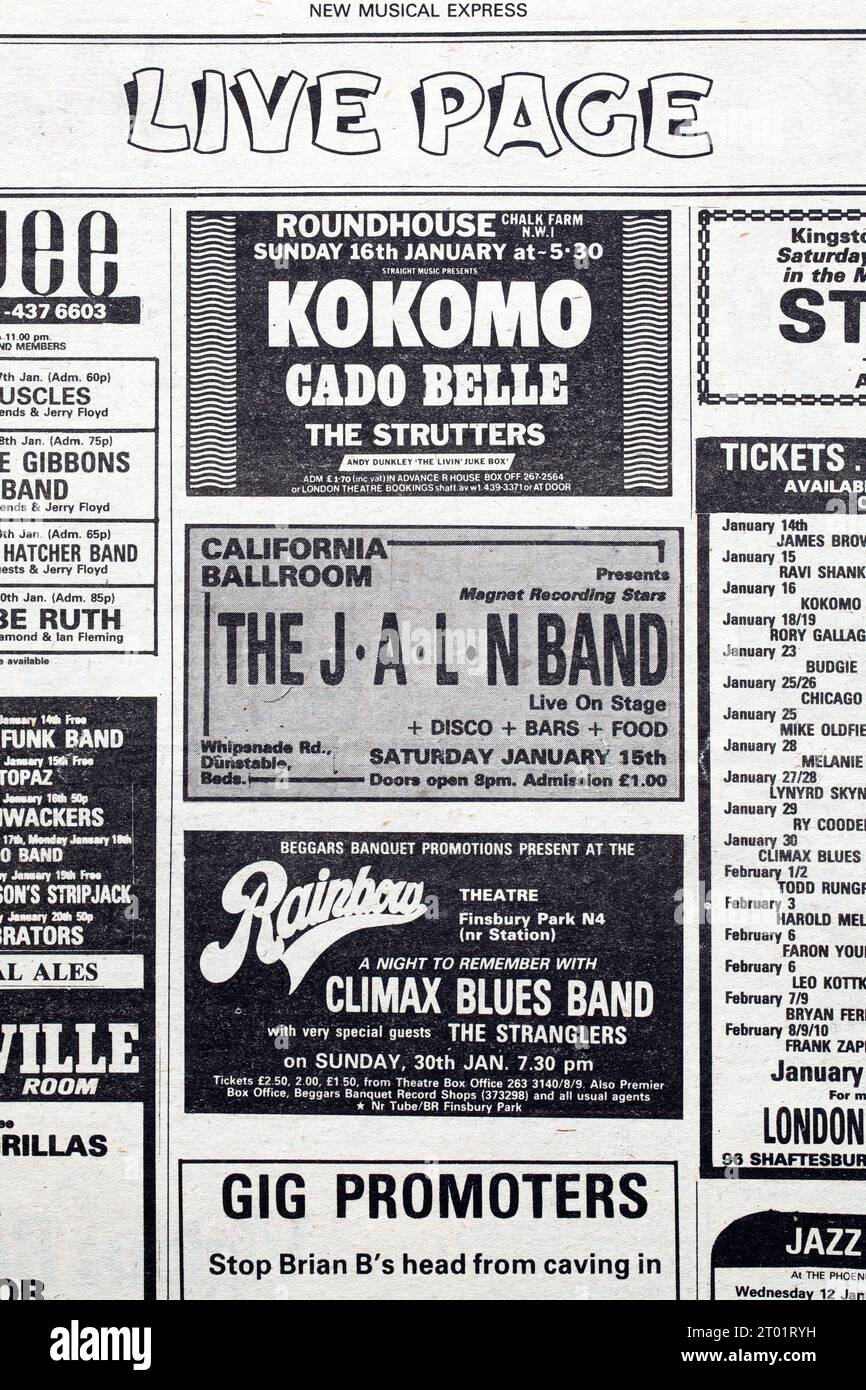 Advertit for Concerts nel numero degli anni '1970 di NME New Musical Express Music Paper Foto Stock