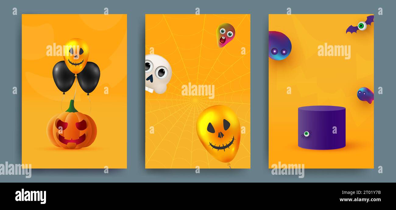 Inviti per feste di Halloween, biglietti di auguri o poster. Set di carine zucche, fantasmi e mostri. Modello di progettazione per pubblicità, Internet, social Illustrazione Vettoriale