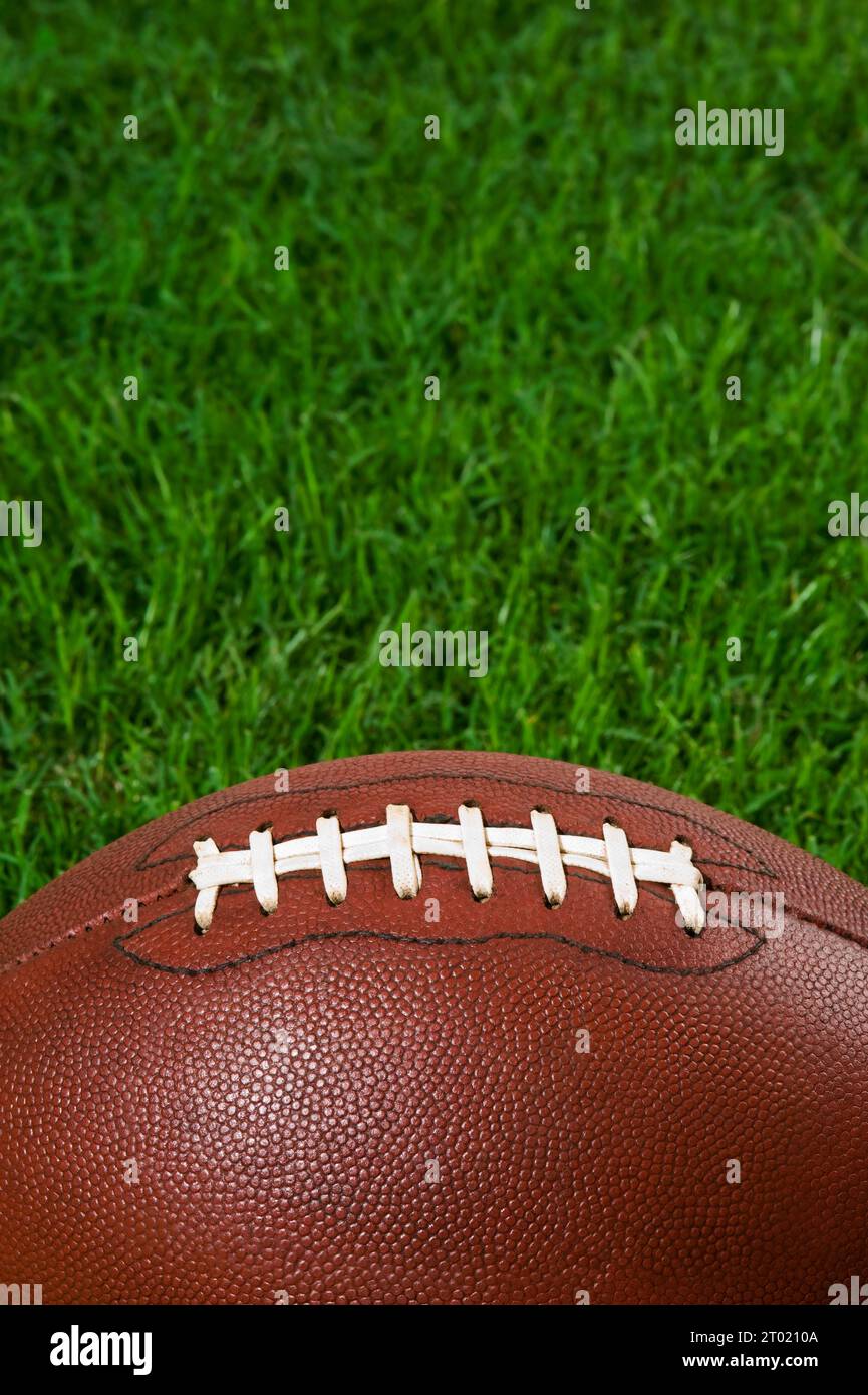 Football americano - calcio seduto sull'erba con spazio in cima per una copia. Foto Stock