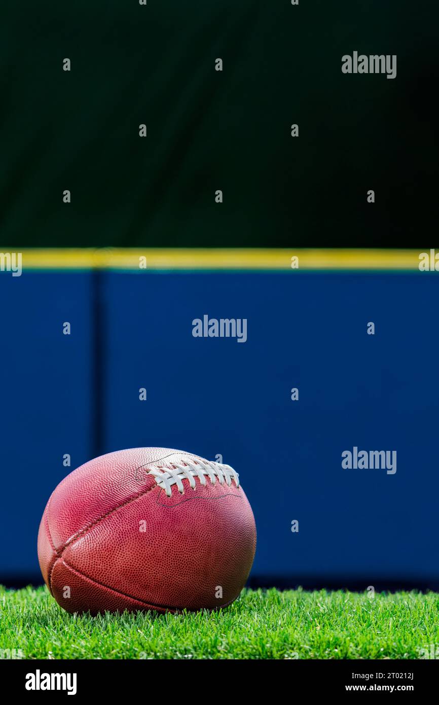 Vista angolare bassa di un football americano professionista in pelle seduto su un tappeto erboso artificiale di uno stadio con parete imbottita blu sullo sfondo. Foto Stock