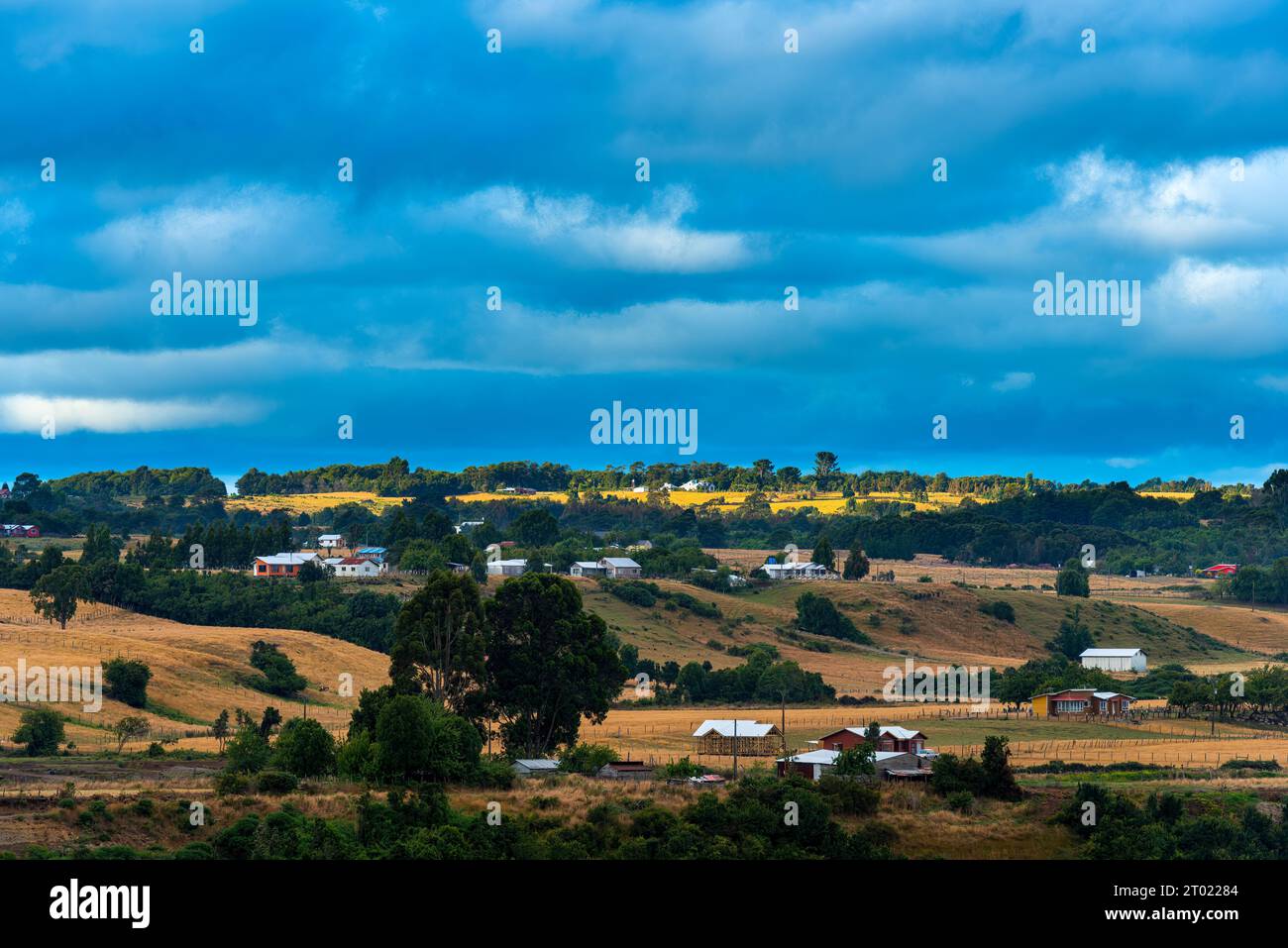 Panoramica Di Meadows Intorno A Chonchi, Chiloe Island, Cile Foto Stock