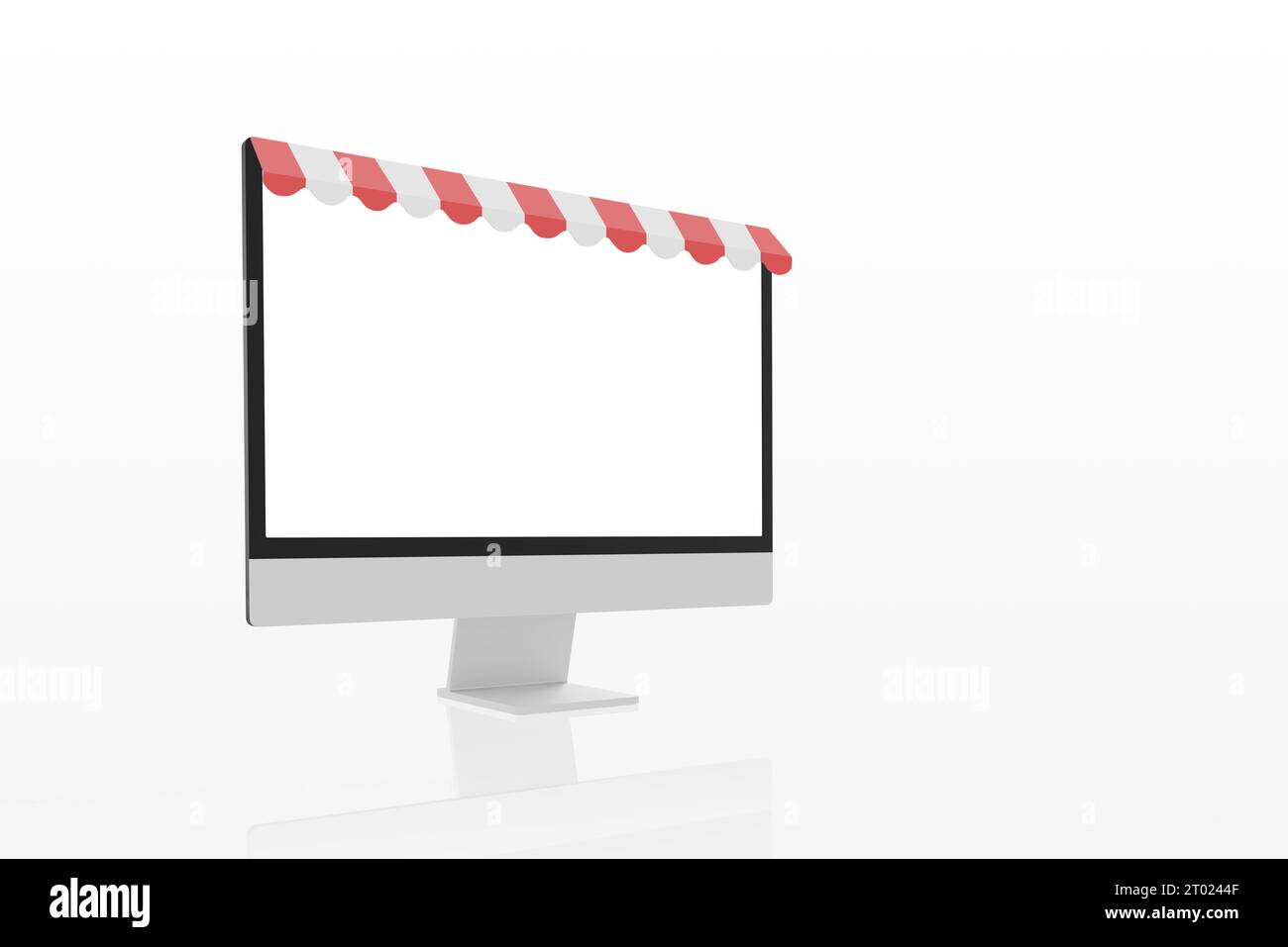 Mockup di display per computer con il concetto di tenda da da officina rossa bianca. Mockup di presentazione del negozio online Foto Stock