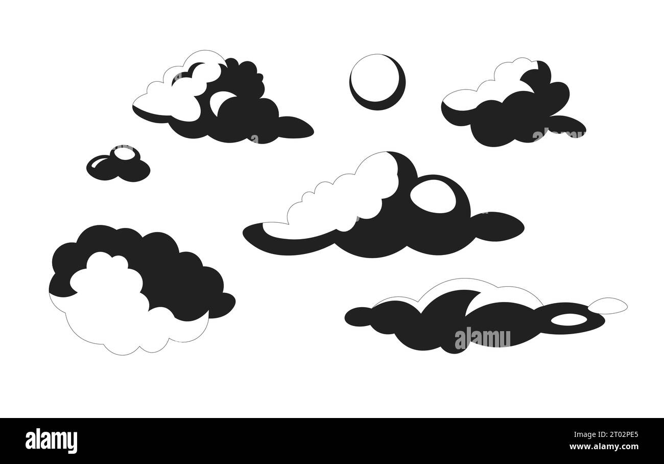 Illustrazione piatta dei cartoni animati in bianco e nero Sun Cloudscape Illustrazione Vettoriale