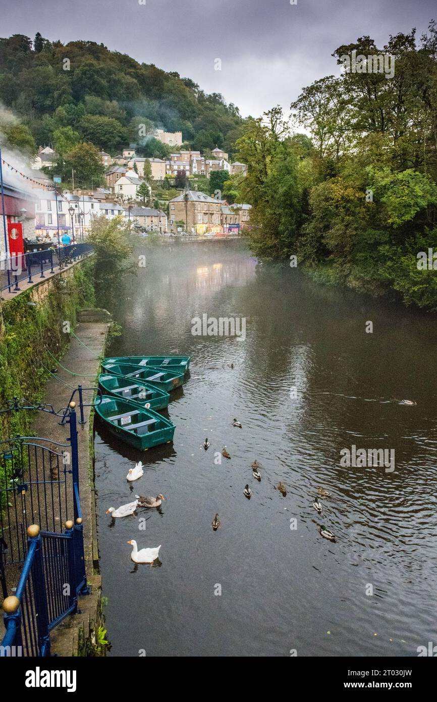 Nebulizzazione sul fiume Derwent al bagno di Matlock in un freddo e umido pomeriggio d'autunno. Foto Stock