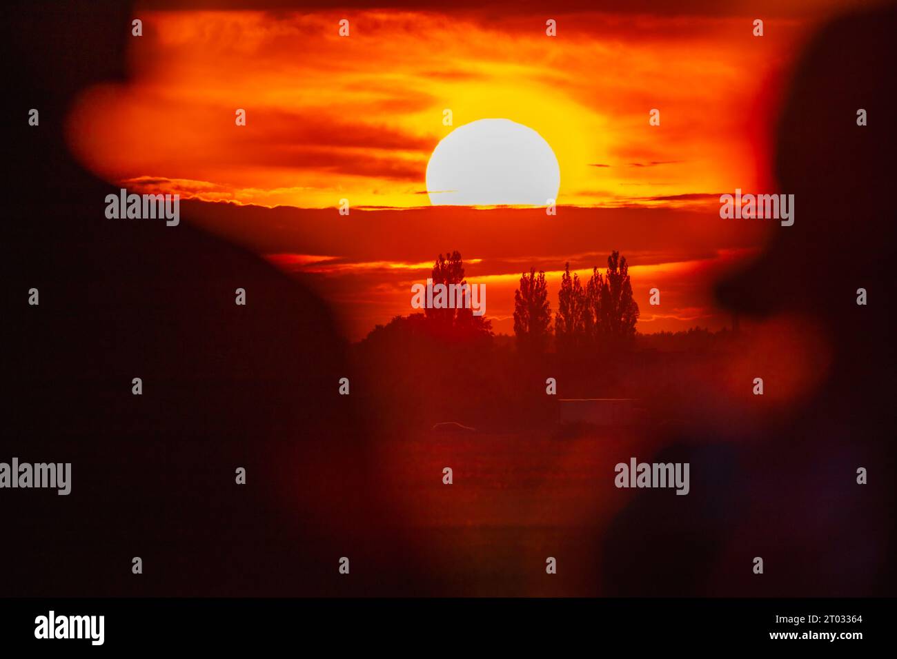 Splendido tramonto rosso nuvoloso con gigantesco sole su grandi campi e alberi visto dall'obiettivo della fotocamera da 600 mm Foto Stock