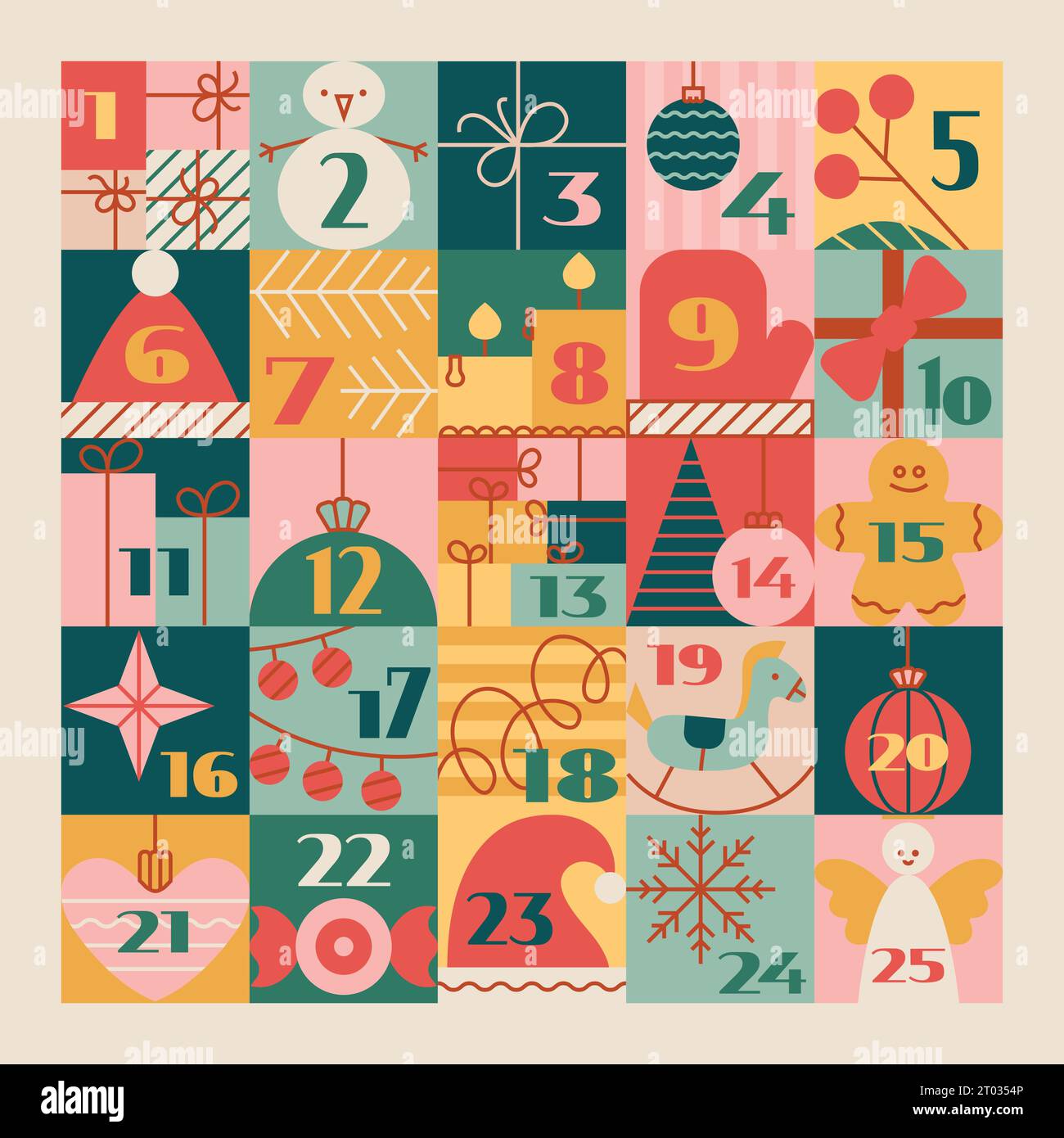 Calendario dell'avvento di Natale con simpatici elementi cartoni animati, numeri. Simpatica illustrazione vettoriale invernale per una tradizione divertente. Illustrazione Vettoriale