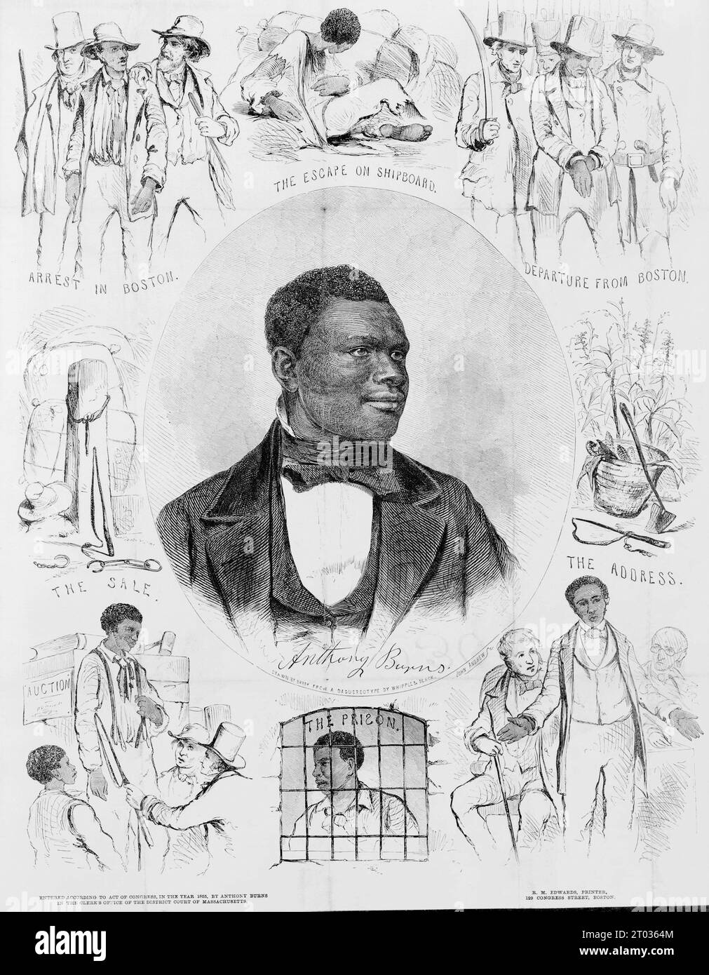 Un ritratto dello schiavo fuggitivo Anthony Burns, il cui arresto e processo ai sensi del Fugitive Slave Act del 1850 scatenò rivolte e proteste da parte di abolizionisti e cittadini di Boston nella primavera del 1854. Foto Stock