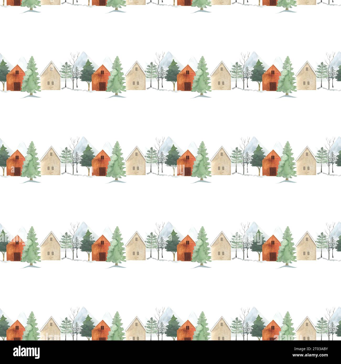 motivi con case e alberi dipinti a mano ad acquerello in uno stile minimalista scandinavo Foto Stock