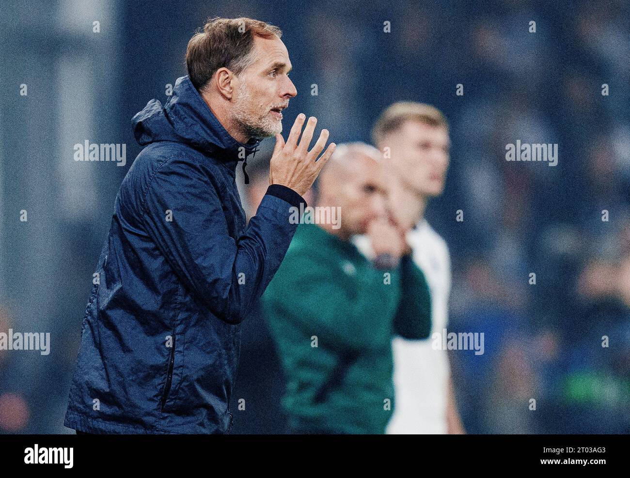 Copenhagen, Danimarca. 3 ottobre, 2023.l'allenatore del Bayern München Thomas Tuchel durante la partita di Champions League tra FC Copenhagen e FC Bayern München nel Parco, martedì 3 ottobre 2023. (Foto: Liselotte Sabroe/Ritzau Scanpix) credito: Ritzau/Alamy Live News Foto Stock