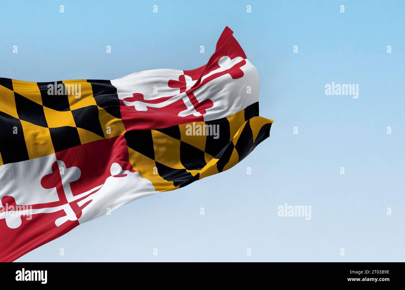 Bandiera dello stato del Maryland che sventola in una giornata limpida. Quattro quadranti con i colori delle famiglie Calvert e Crossland. rendering dell'illustrazione 3d. fa svolazzante Foto Stock