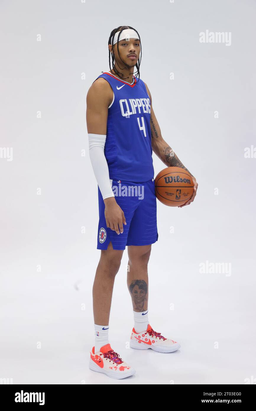 LA Clippers guardano Brandon Boston Jr. (4) posa durante la giornata dei media all'Honey Training Center, lunedì 2 ottobre 2023, a Los Angeles. (Kevin Terrell/immagine dello sport) Foto Stock