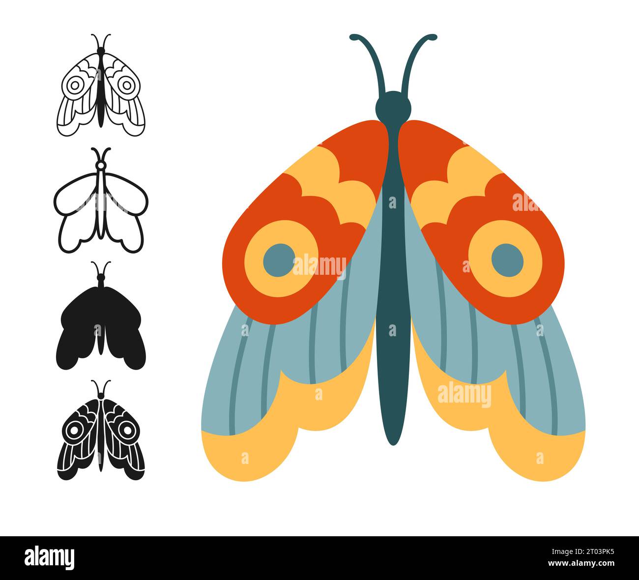 Set retrò stilizzato Moth o Butterfly. Mistico simbolo bohémien ali di insetti con ornamento. Colorato, sagoma o simbolo, tatuaggio a doodle, falena celeste decorata con linee. Decorazioni d'epoca vettoriali Illustrazione Vettoriale