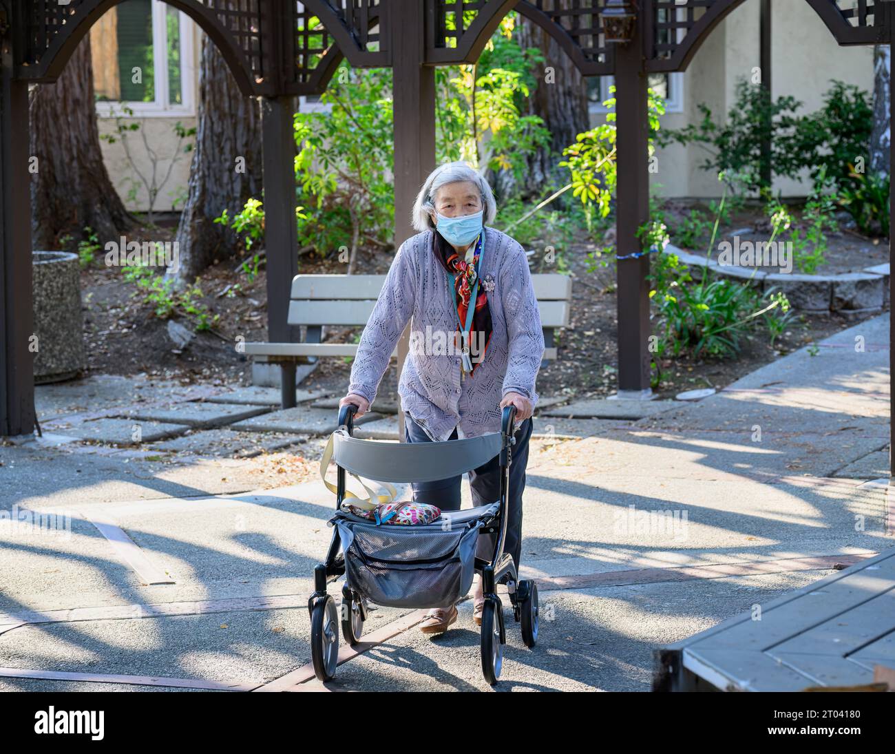 Donna anziana con una maschera che cammina all'aperto con il suo camminatore mobile in un villaggio di pensionati. Foto Stock