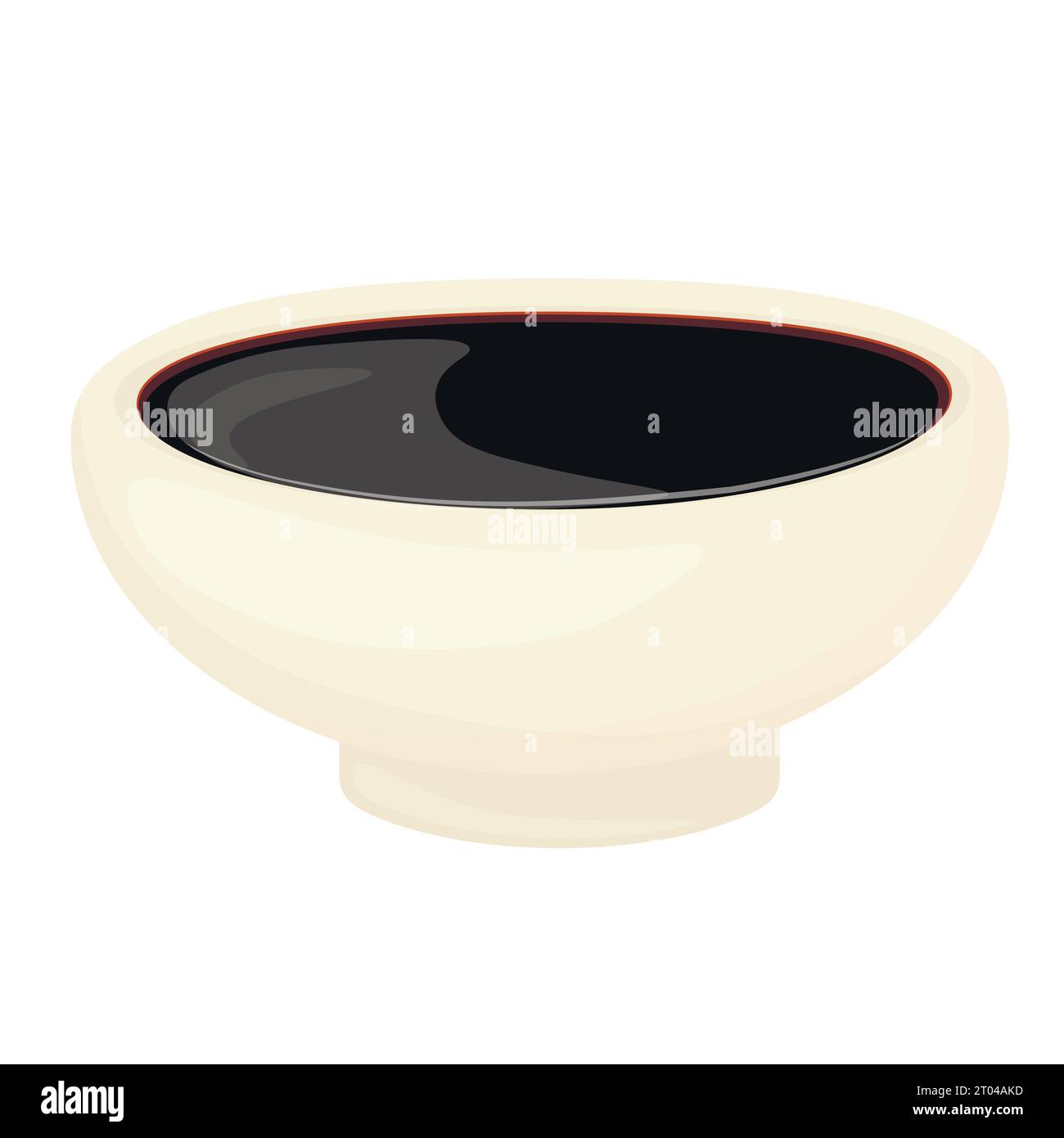 Ciotola di salsa di soia. shoyu. Illustrazione delle scorte vettoriali. Isolato su sfondo bianco. Primo piano. Vista dall'alto. Illustrazione Vettoriale
