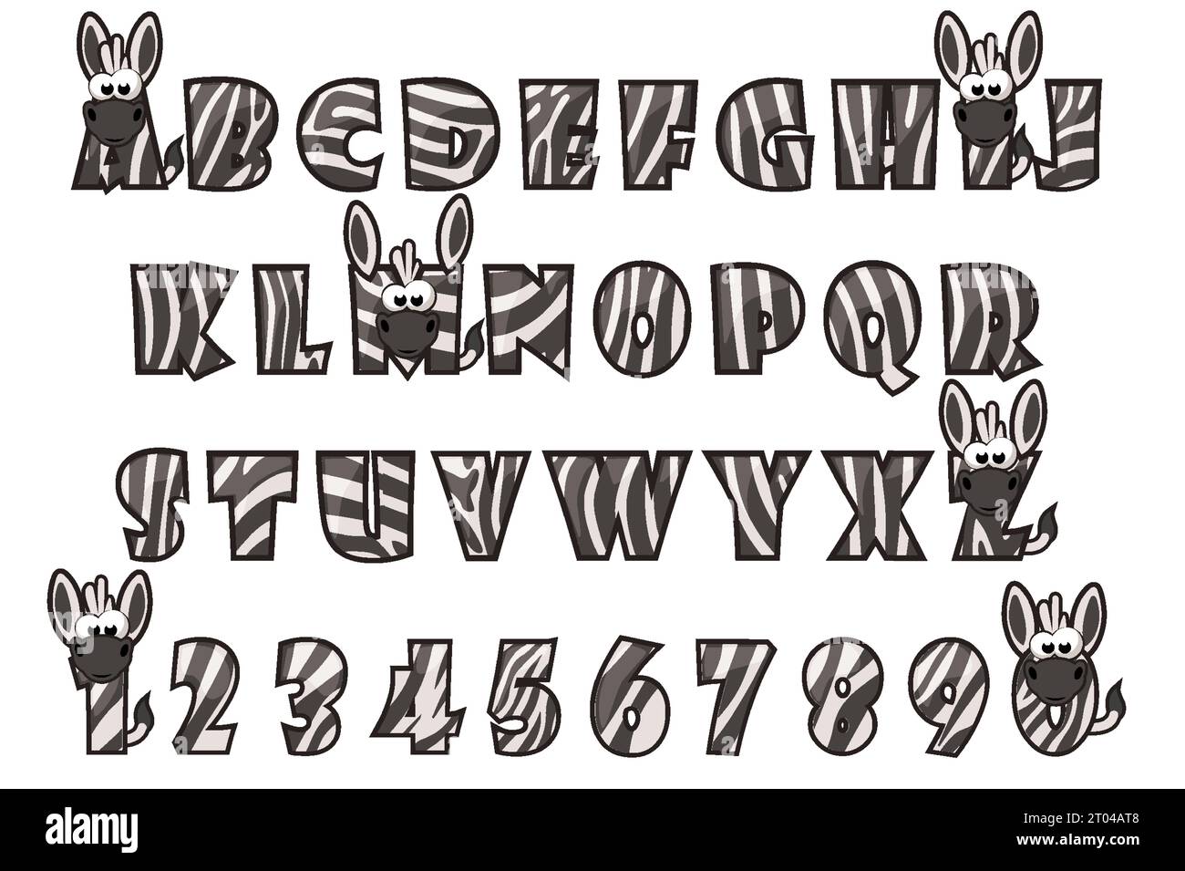 Alfabeto in stile zebra, lettere e numeri in bianco e nero Illustrazione Vettoriale