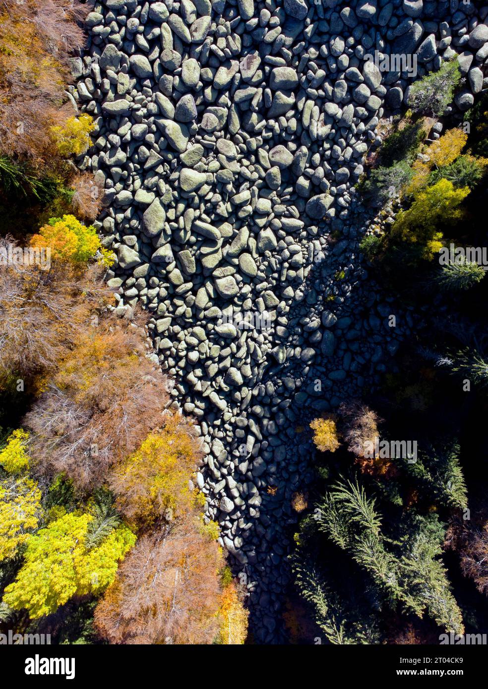 Splendido paesaggio montano autunnale vicino al fiume di pietra Foto Stock