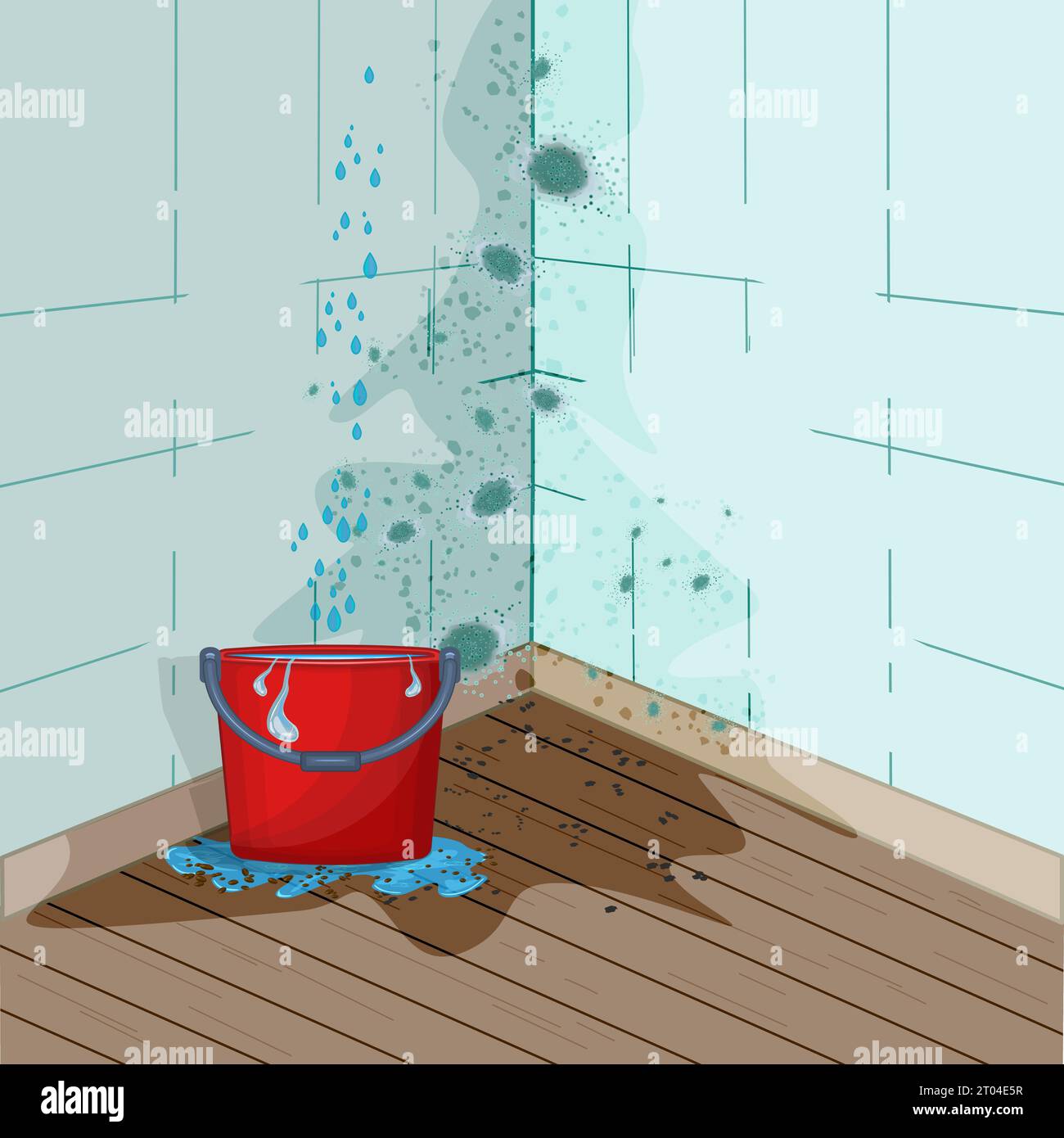 Gocce d'acqua che fuoriescono dal soffitto nel secchio. Parete con problema di muffa e secchio pieno d'acqua. Perdite dal tetto.spruzzi d'acqua e pozzanghere sul pavimento Illustrazione Vettoriale