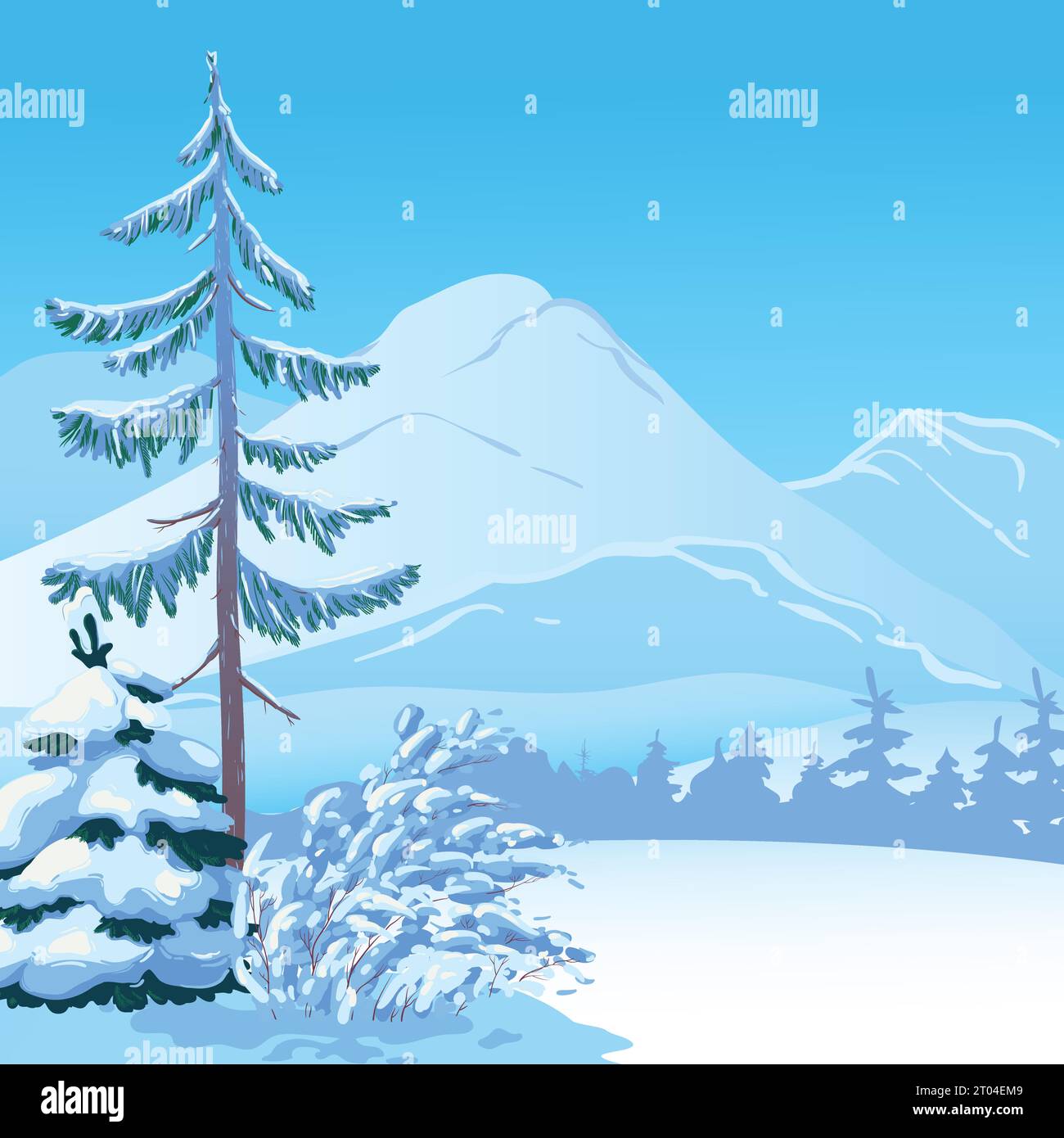 Scena verticale con caduta di neve. Alberi innevati, abeti sullo sfondo di foreste e montagne. Illustrazione vettoriale. Scena natalizia. Illustrazione Vettoriale