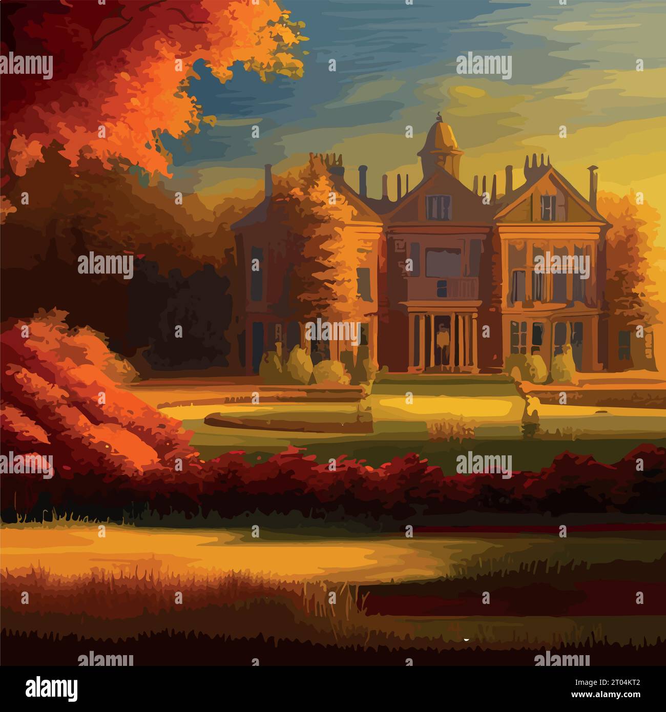 Il vecchio castello di Scotney, la torre, la casa, il cancello e il parco circostante sono in un giorno autunnale. Castello di campagna inglese, illustrazione vettoriale Illustrazione Vettoriale