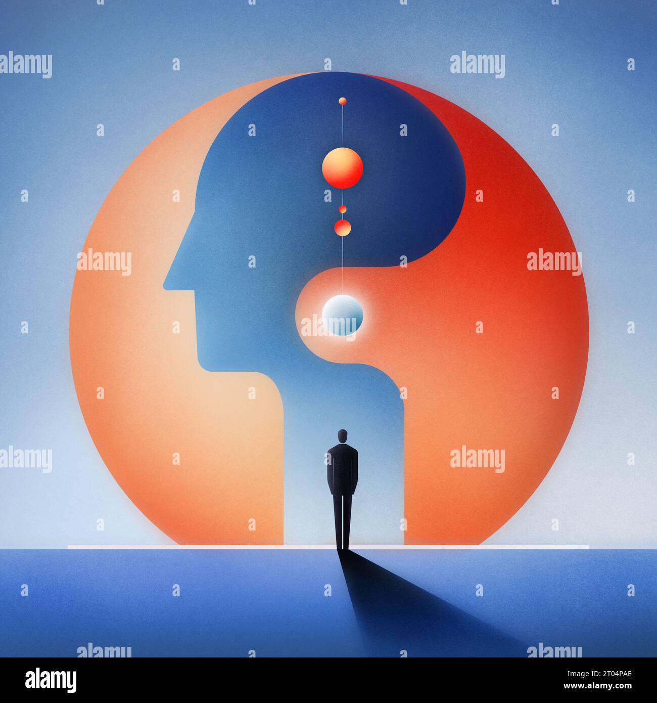 Illustrazione digitale granulosa realizzata con forme vettoriali geometriche di astratto paesaggio mentale all'interno di una testa umana, che simboleggia la libertà mentale e spirituale. Foto Stock