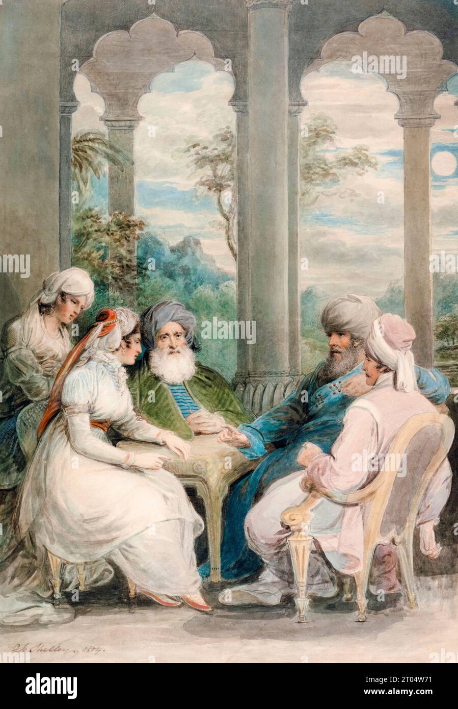 Il principe Rasselas e sua sorella conversano nel loro Palazzo d'Estate sulle rive del Nilo, pittura ad acquerello con gouache e gesso di Samuel Shelley, 1804 Foto Stock
