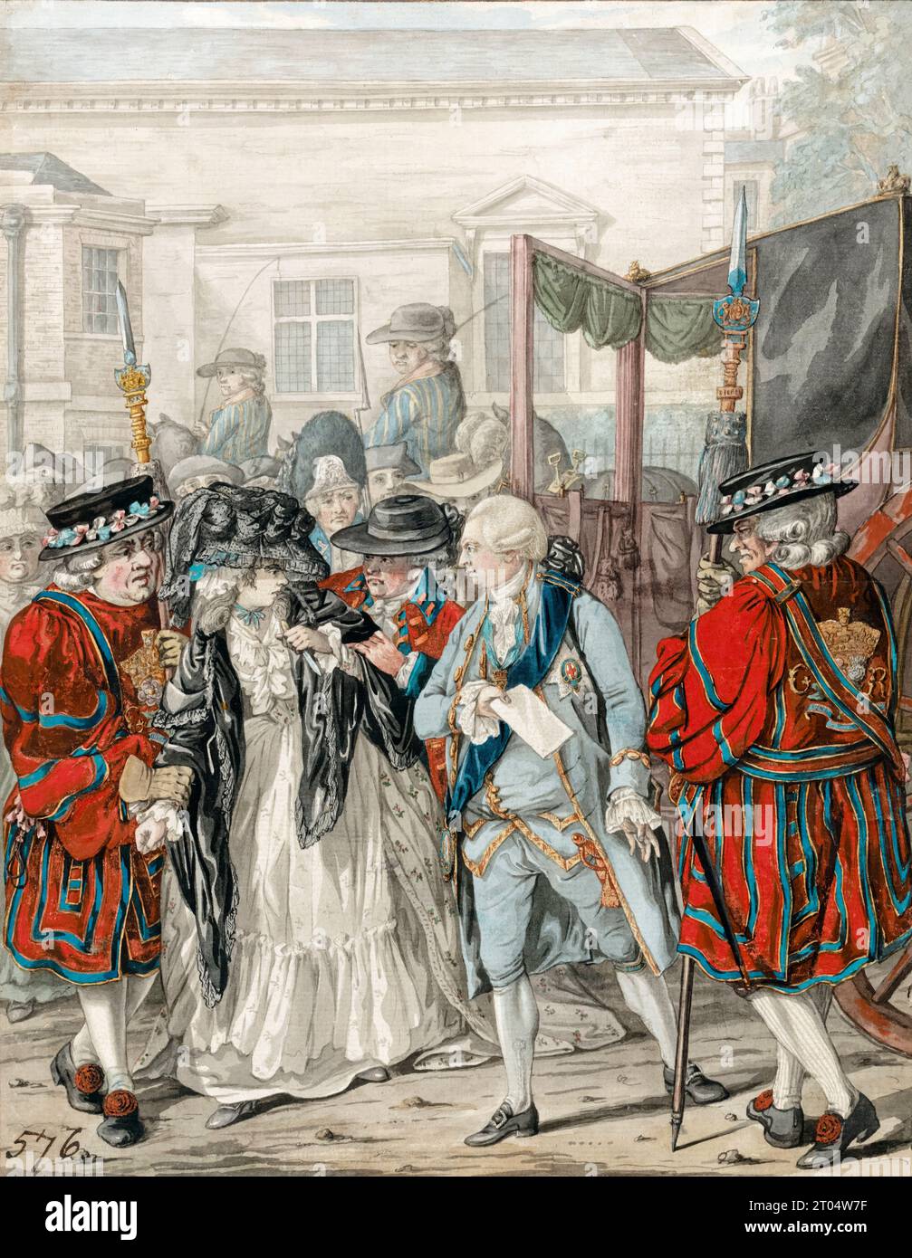 Margaret Nicholson tentò di assassinare sua Maestà Giorgio III all'entrata del Giardino di St James's Palace, 2 agosto 1786, pittura ad acquerello su penna e inchiostro di Robert Dighton, 1786 Foto Stock