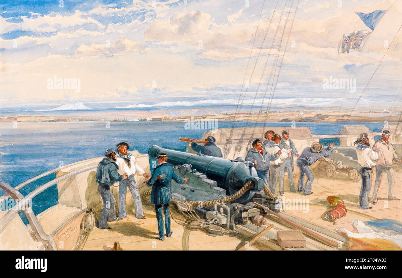 Sebastopoli (Sebastopoli), disegnato dal ponte della HMS Sidon, febbraio 1855, Crimea War acquerello dipinto con gouache di William Simpson, 1855 Foto Stock