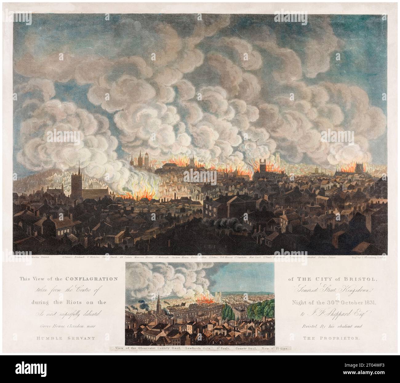 1831 Bristol Riots, la città di Bristol in fiamme e (inset) Gloucester Jail, stampa acquatinta di Charles Rosenberg dopo FS Martin, 1831 Foto Stock